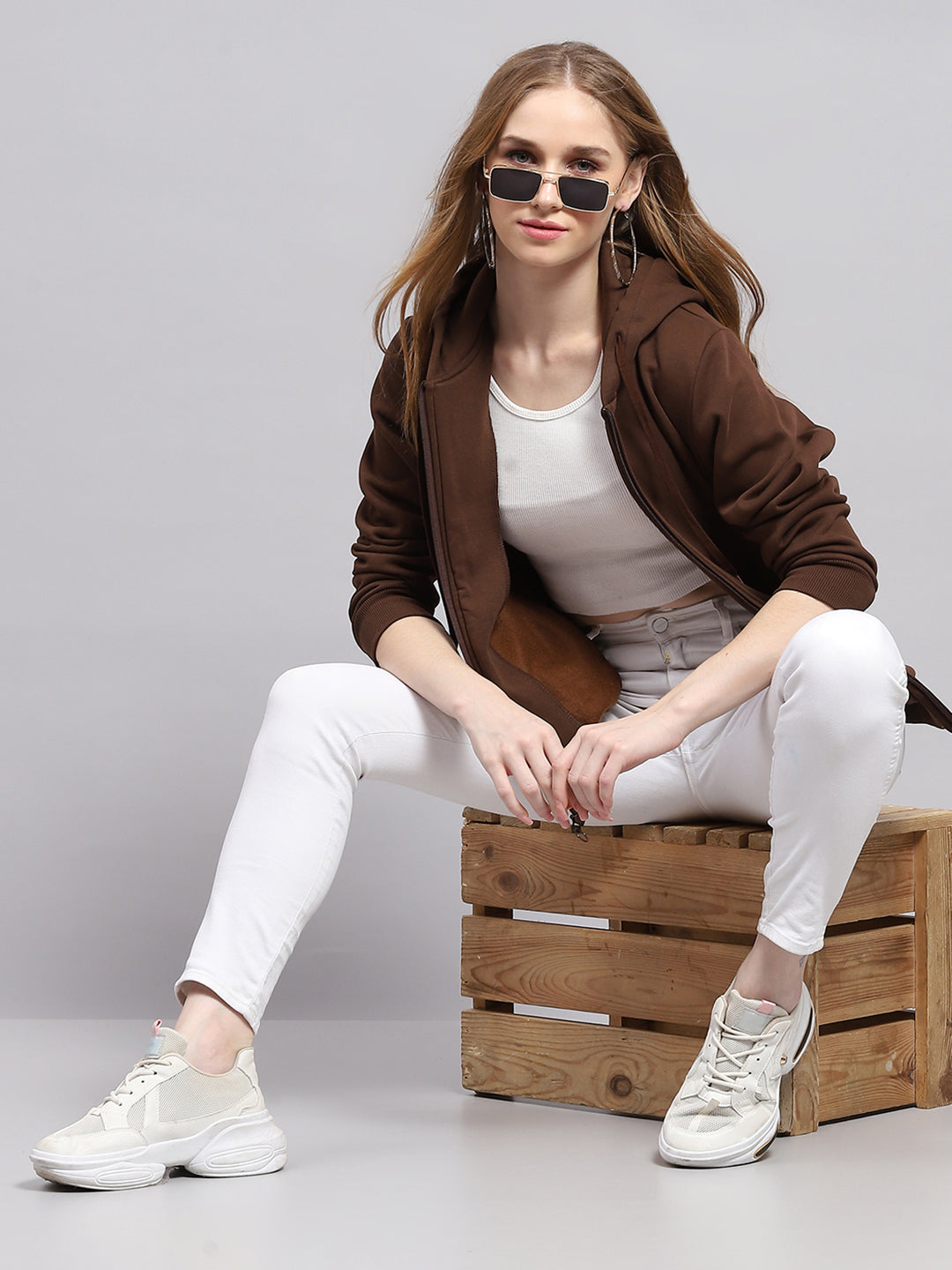 Women Brown Solid Hooded Full Sleeve Sweatshirt