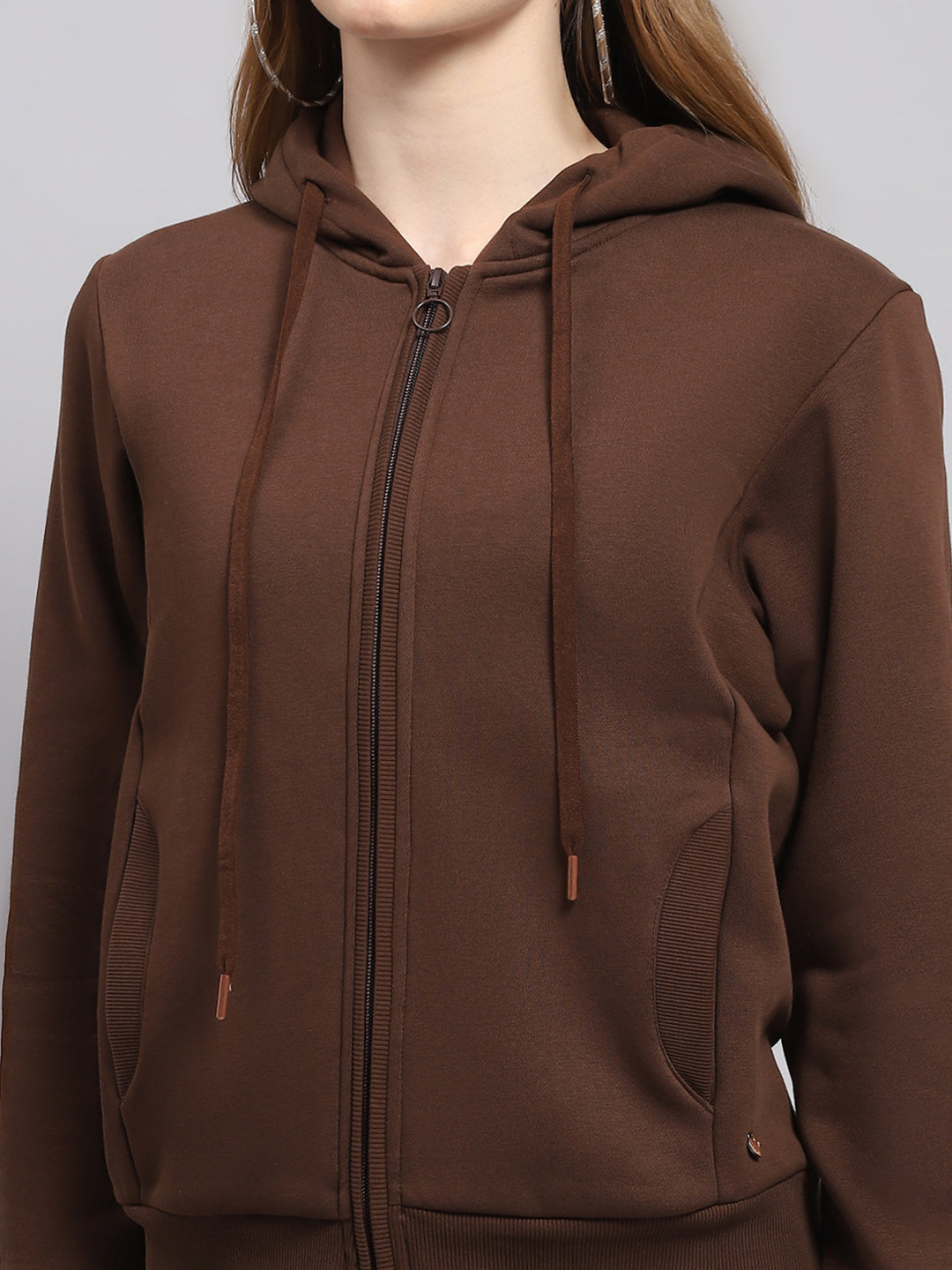 Women Brown Solid Hooded Full Sleeve Sweatshirt