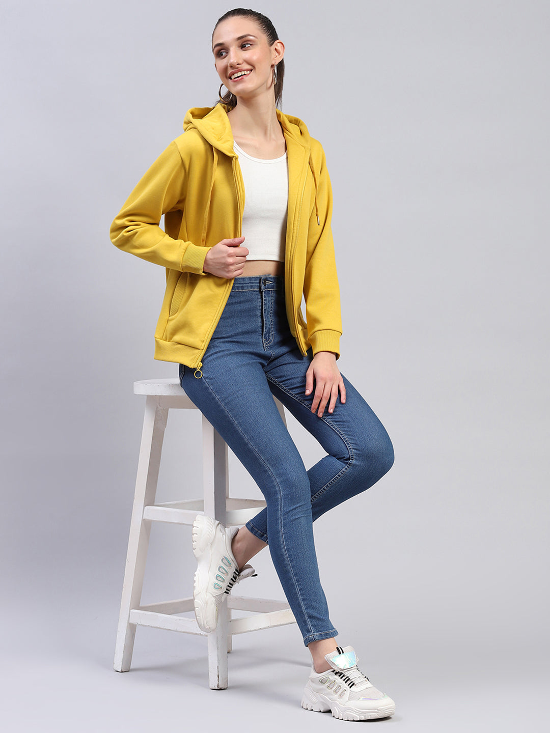 Women Yellow Solid Hooded Full Sleeve Sweatshirt