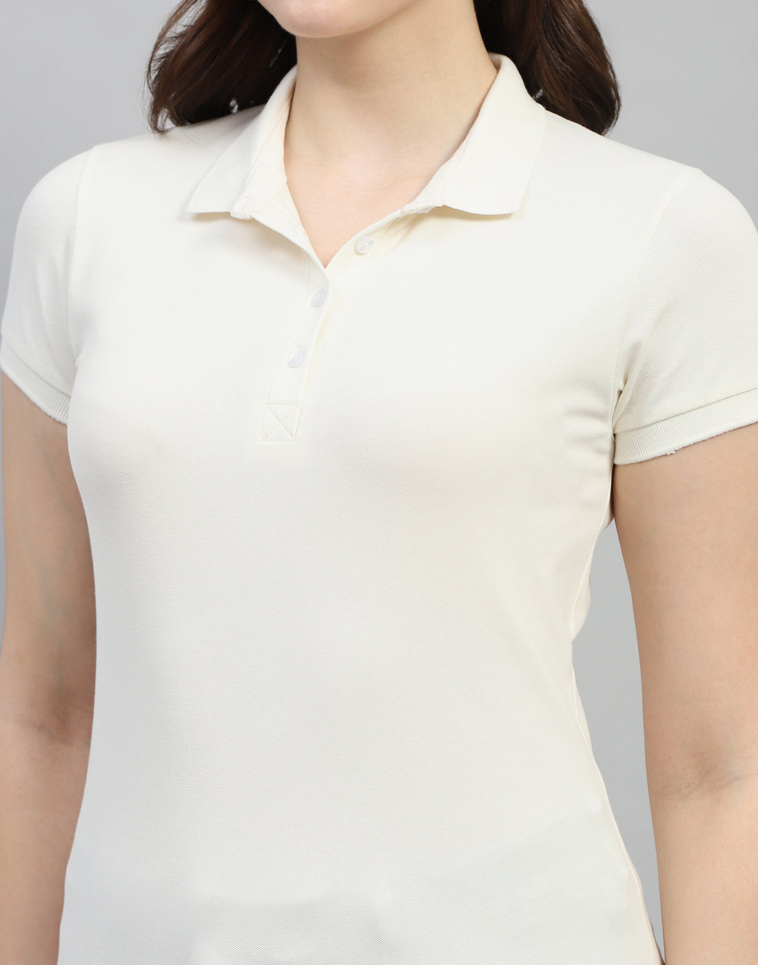 Women Off White Solid Polo Collar Half Sleeve T Shirt