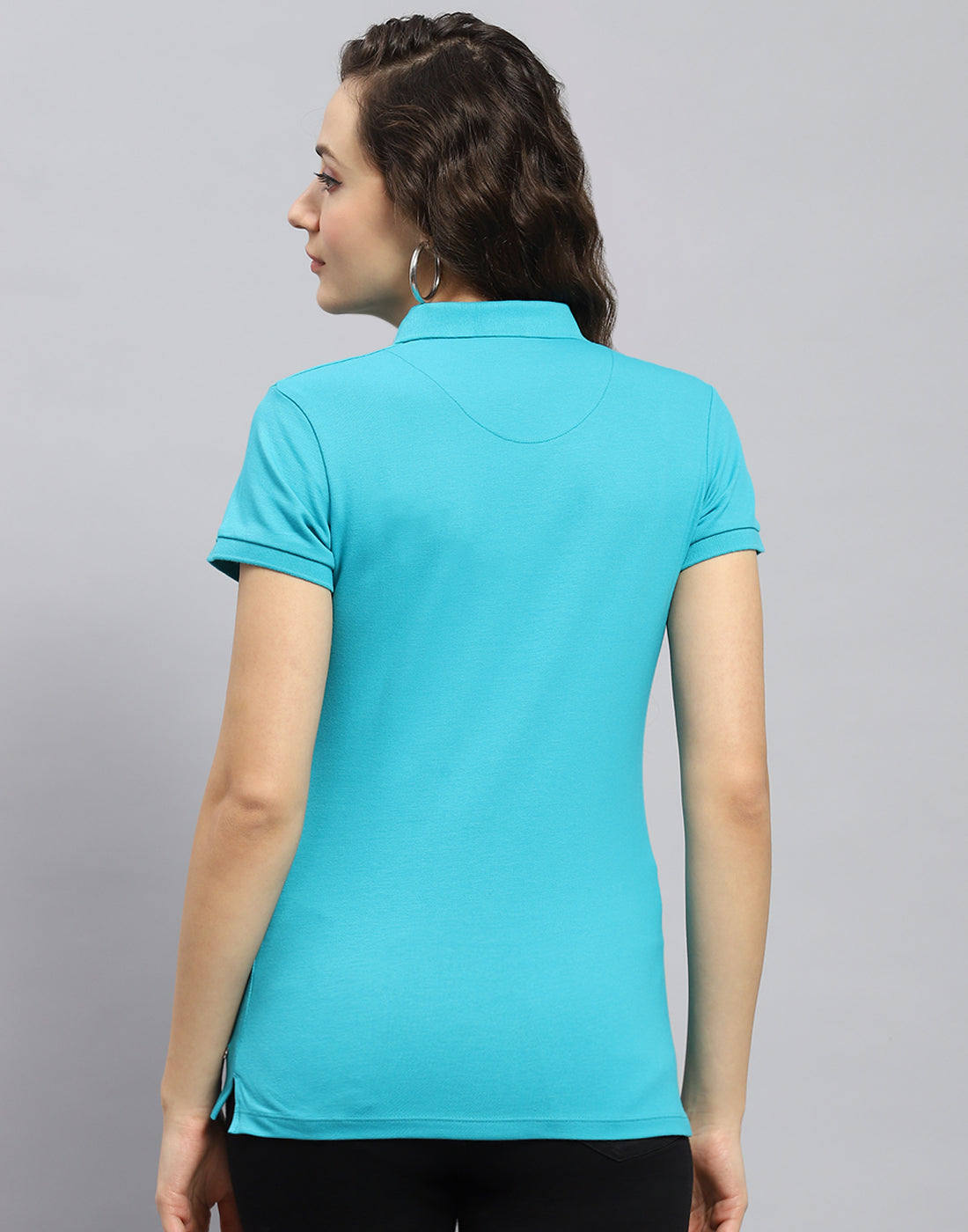Women Turquoise Blue Solid Polo Collar Half Sleeve T-Shirt