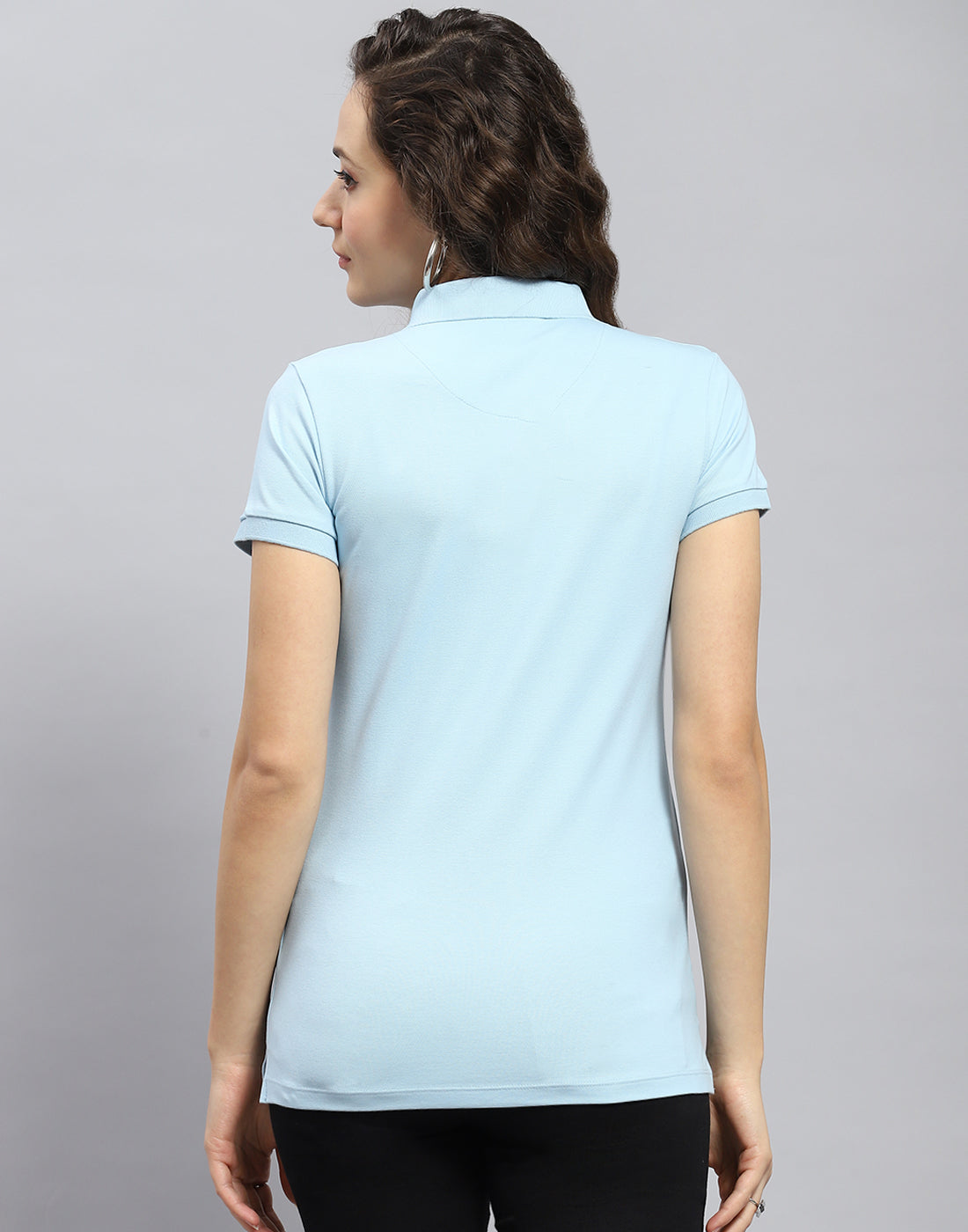 Women Blue Solid Polo Collar Half Sleeve T-Shirt