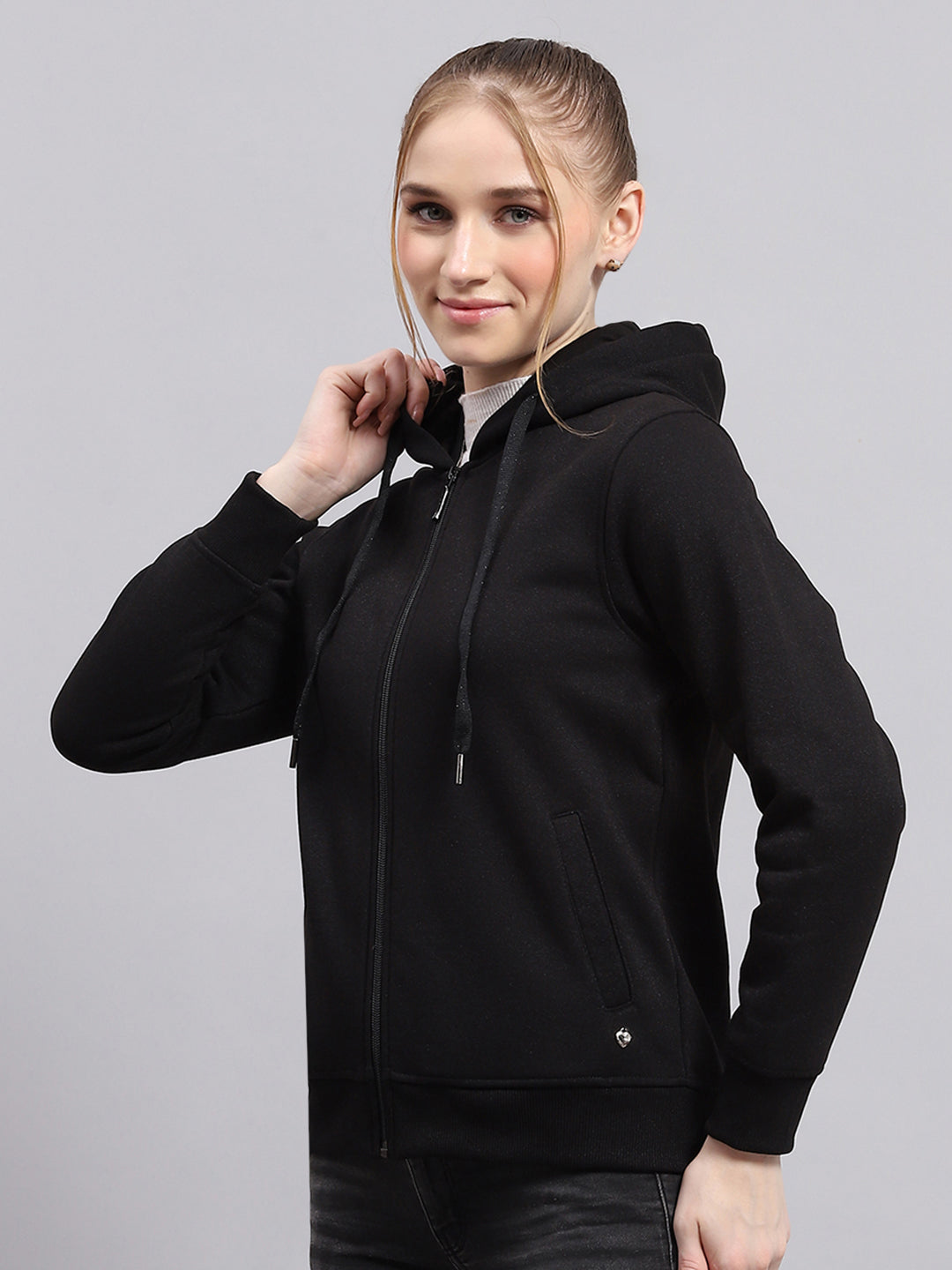 Women Black Solid Hooded Full Sleeve Sweatshirt