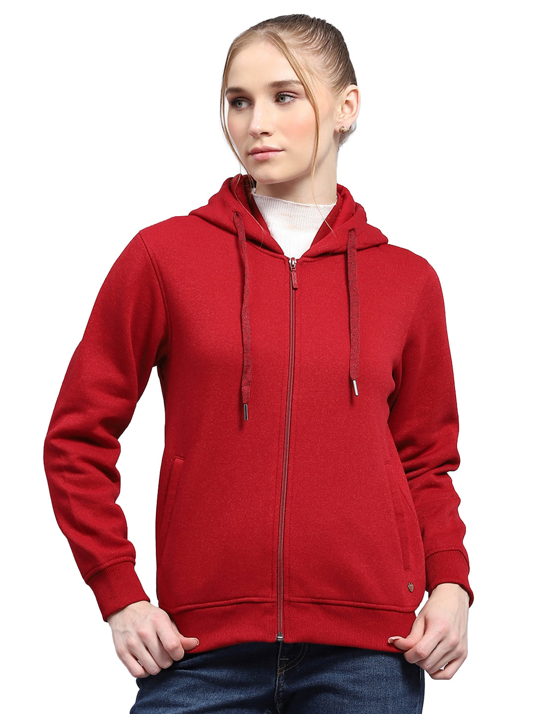 Women Maroon Solid Hooded Full Sleeve Sweatshirt