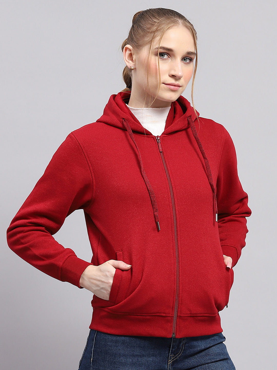 Women Maroon Solid Hooded Full Sleeve Sweatshirt