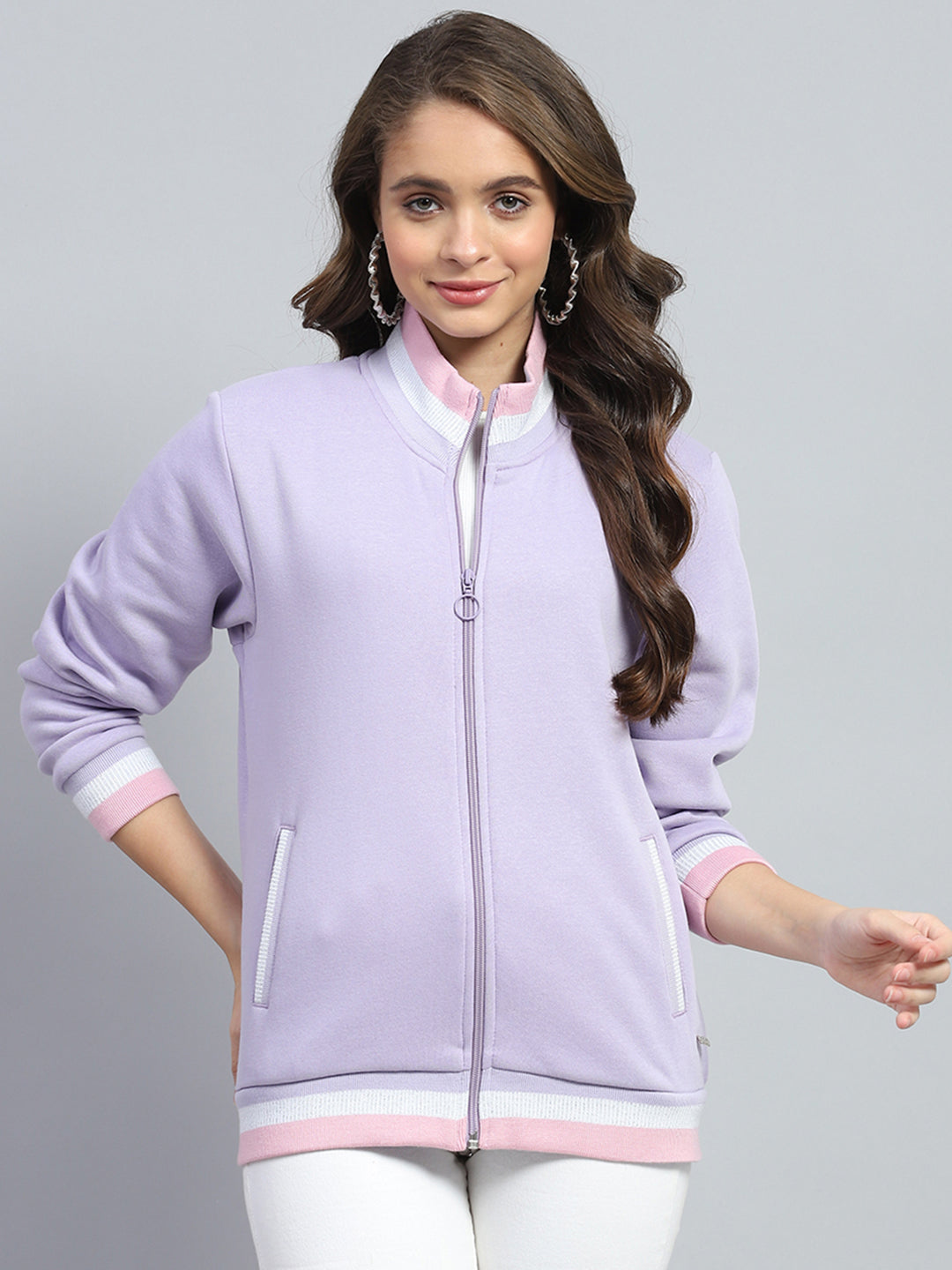 Women Purple Solid Mock Neck Full Sleeve Sweatshirt