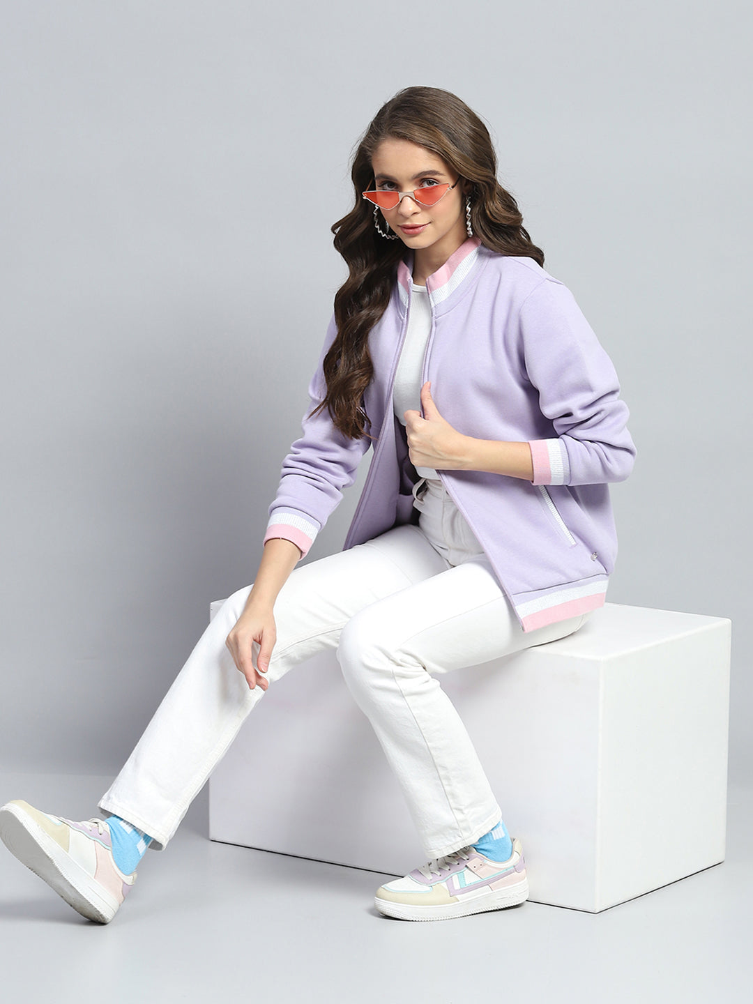 Women Purple Solid Mock Neck Full Sleeve Sweatshirt
