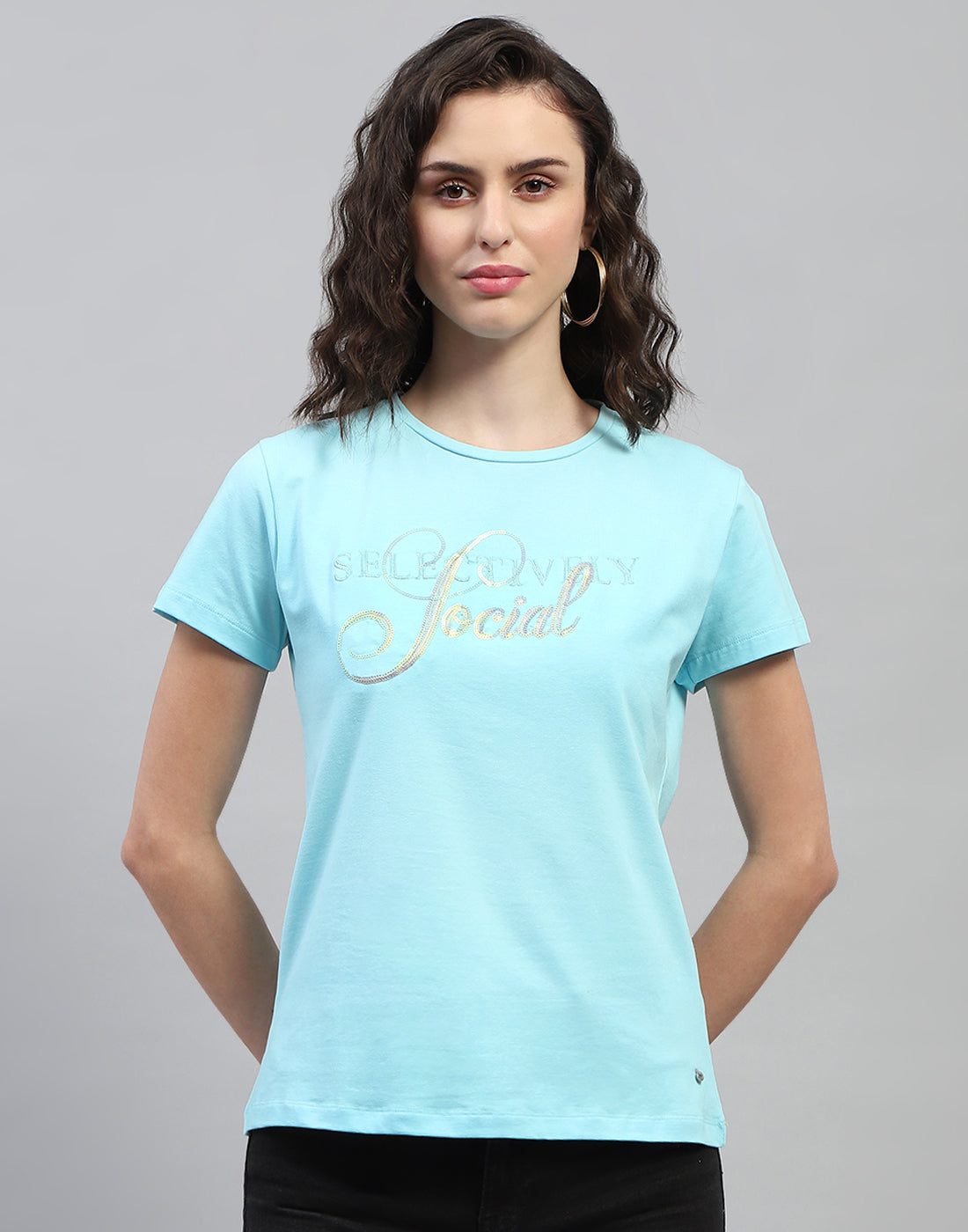 Women Sky Blue Printed Round Neck Half Sleeve Top