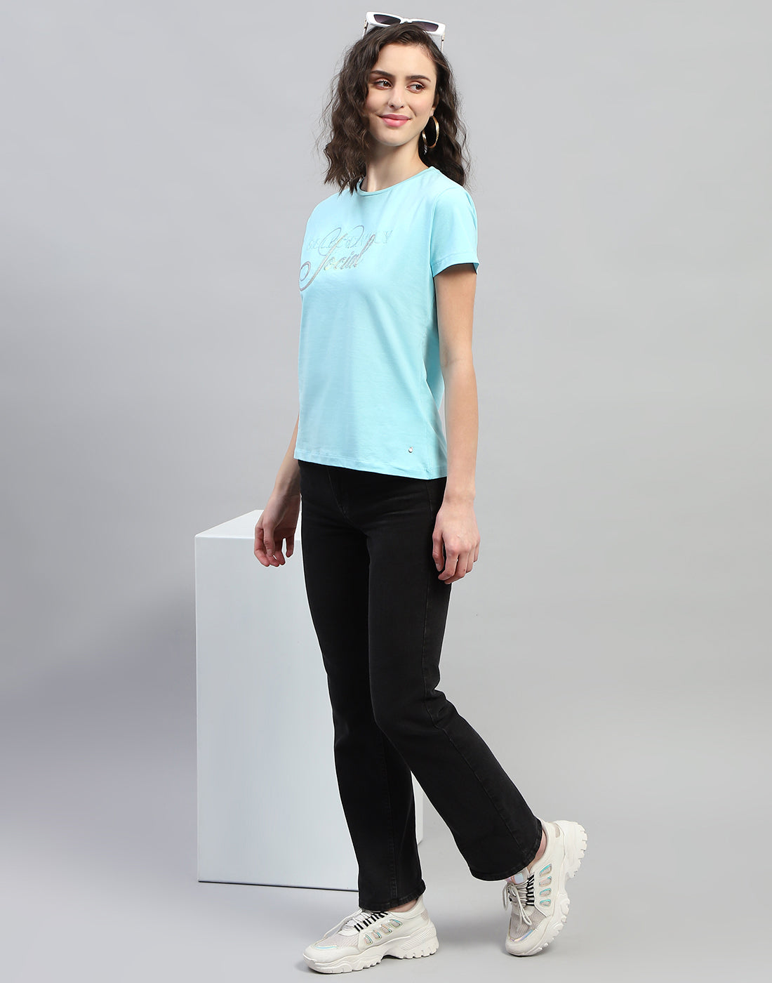 Women Sky Blue Printed Round Neck Half Sleeve Top