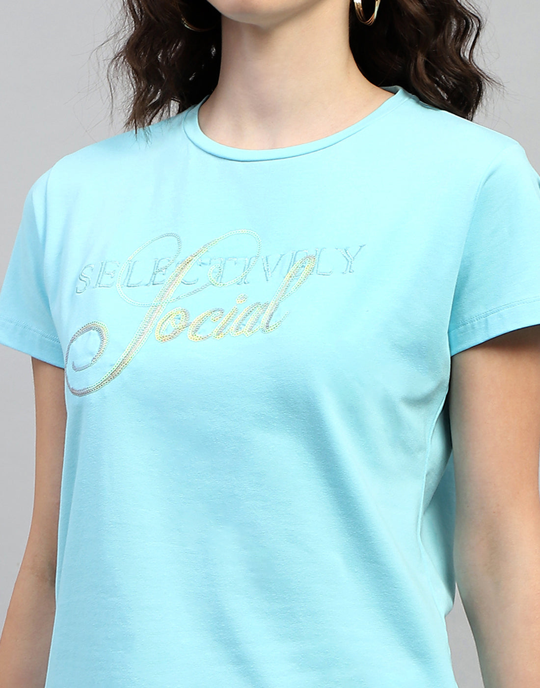 Women Sky Blue Printed Round Neck Half Sleeve Top
