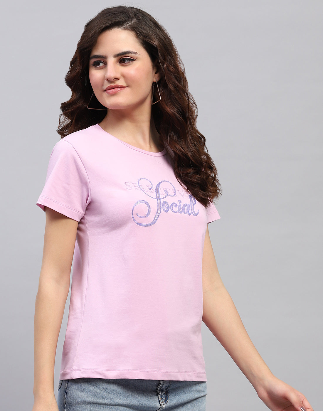 Women Purple Embroidered Round Neck Half Sleeve Top