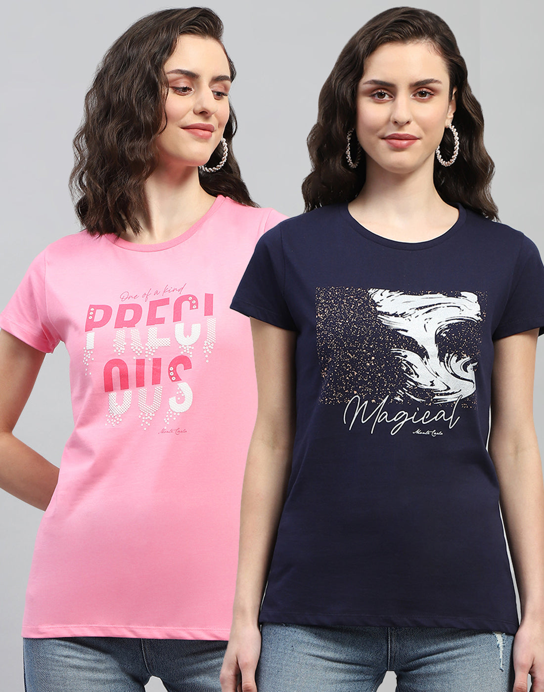 Women Navy Blue & Pink Printed Round Neck Half Sleeve Top (Pack of 2)