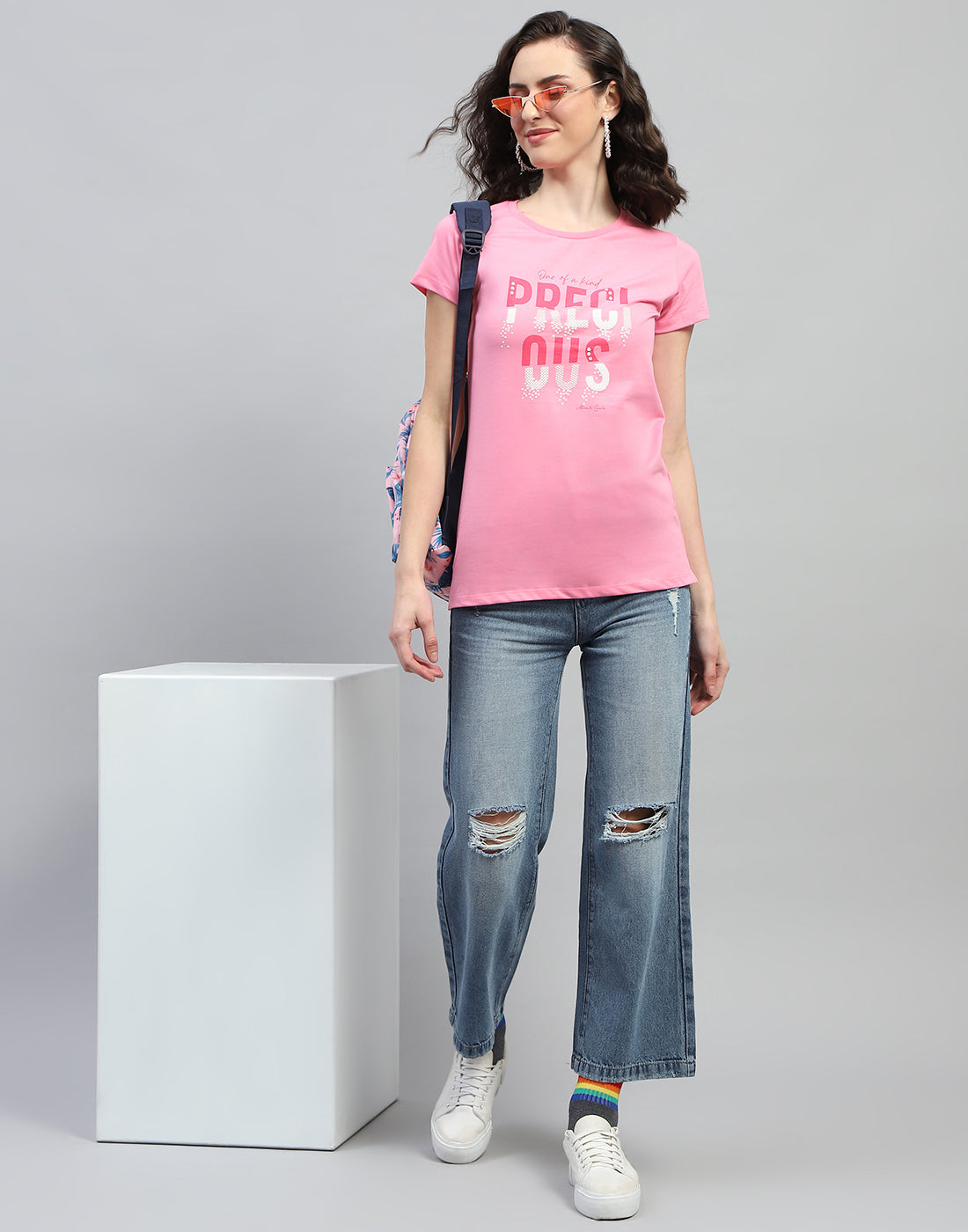 Women Navy Blue & Pink Printed Round Neck Half Sleeve Top (Pack of 2)