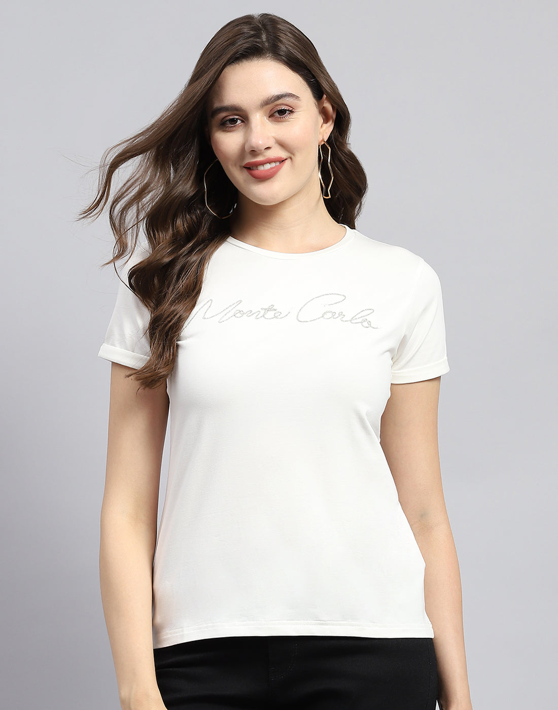 Women White Solid Round Neck Half Sleeve Top