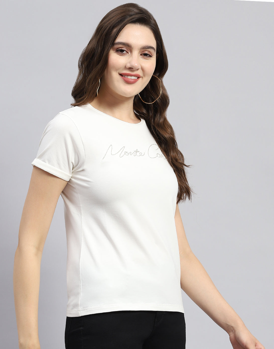 Women White Solid Round Neck Half Sleeve Top
