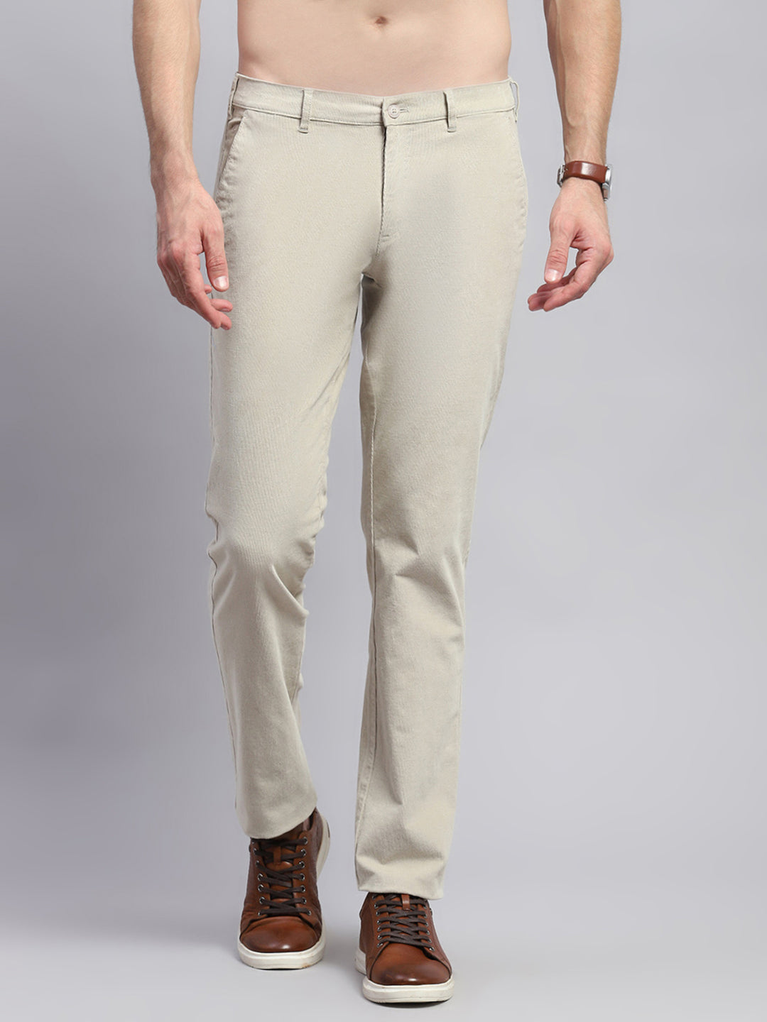 Men Beige Solid Regular Fit Trouser