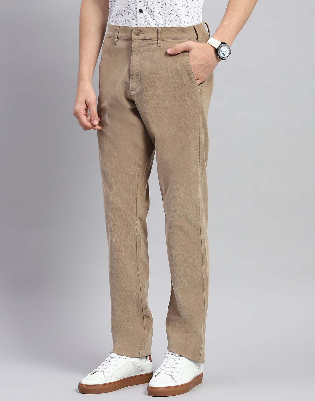 Men Khaki Solid Regular Fit Trouser