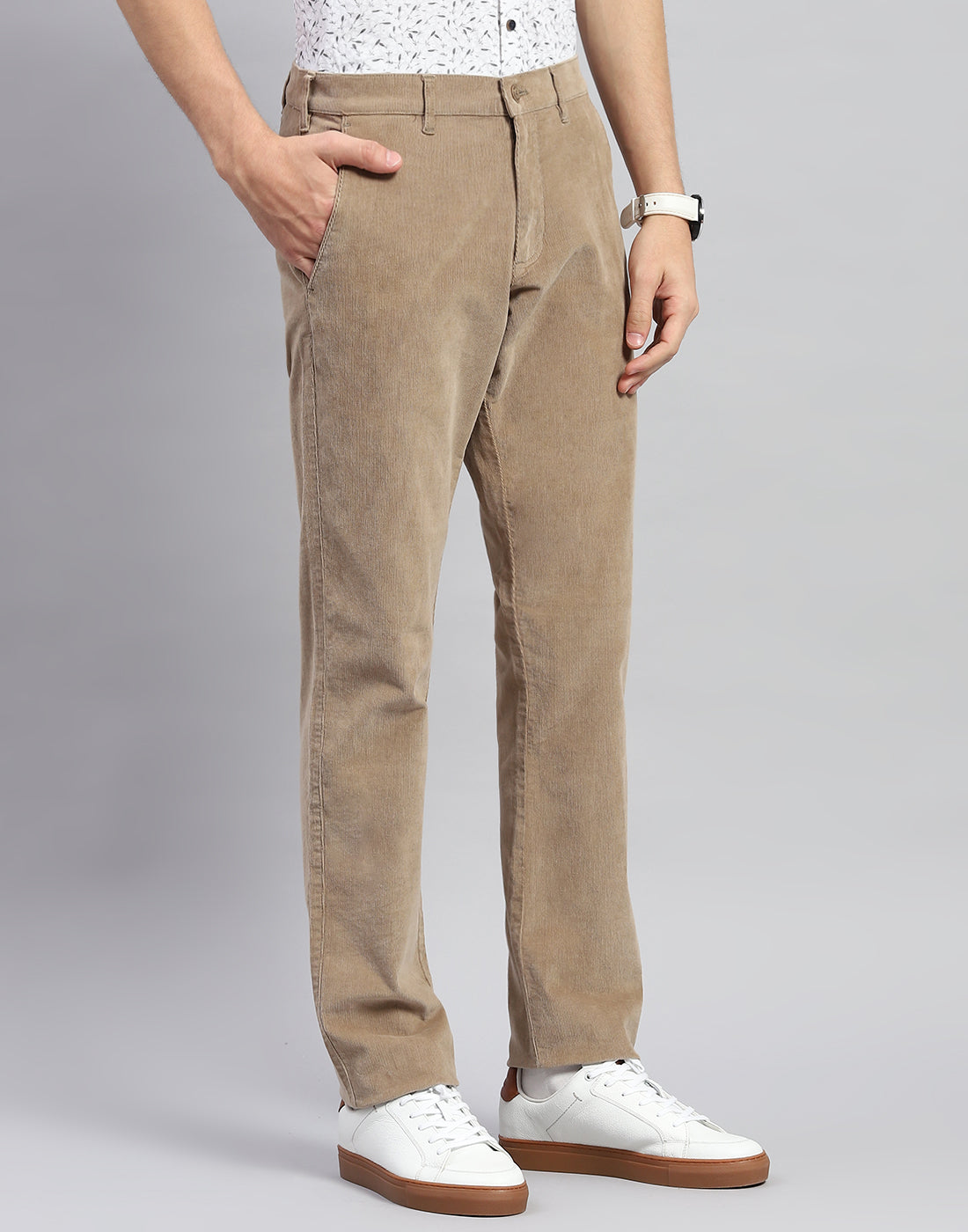 Men Khaki Solid Regular Fit Trouser