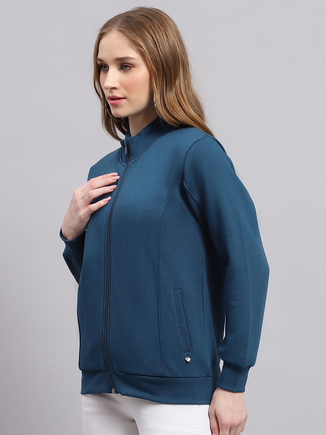Women Blue Solid Mock Neck Full Sleeve Sweatshirt