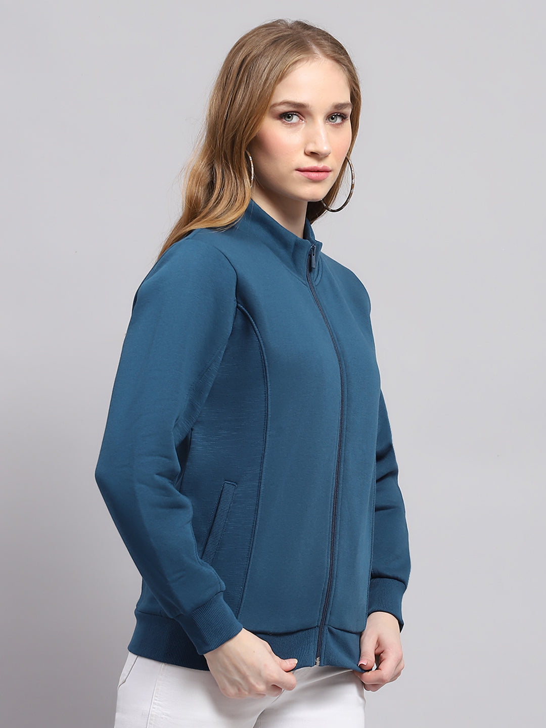 Women Blue Solid Mock Neck Full Sleeve Sweatshirt