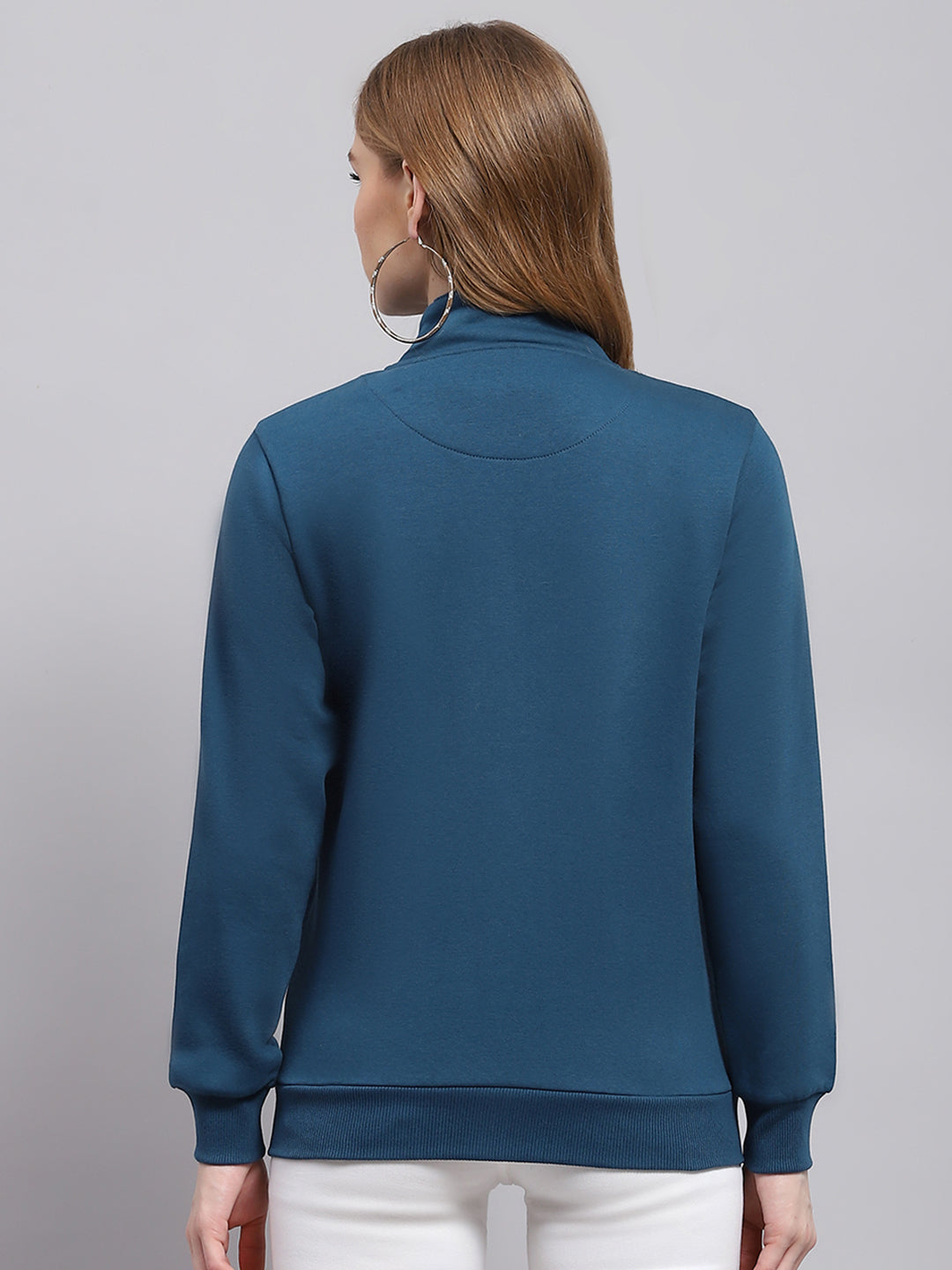 Women Blue Solid Mock Neck Full Sleeve Sweatshirt
