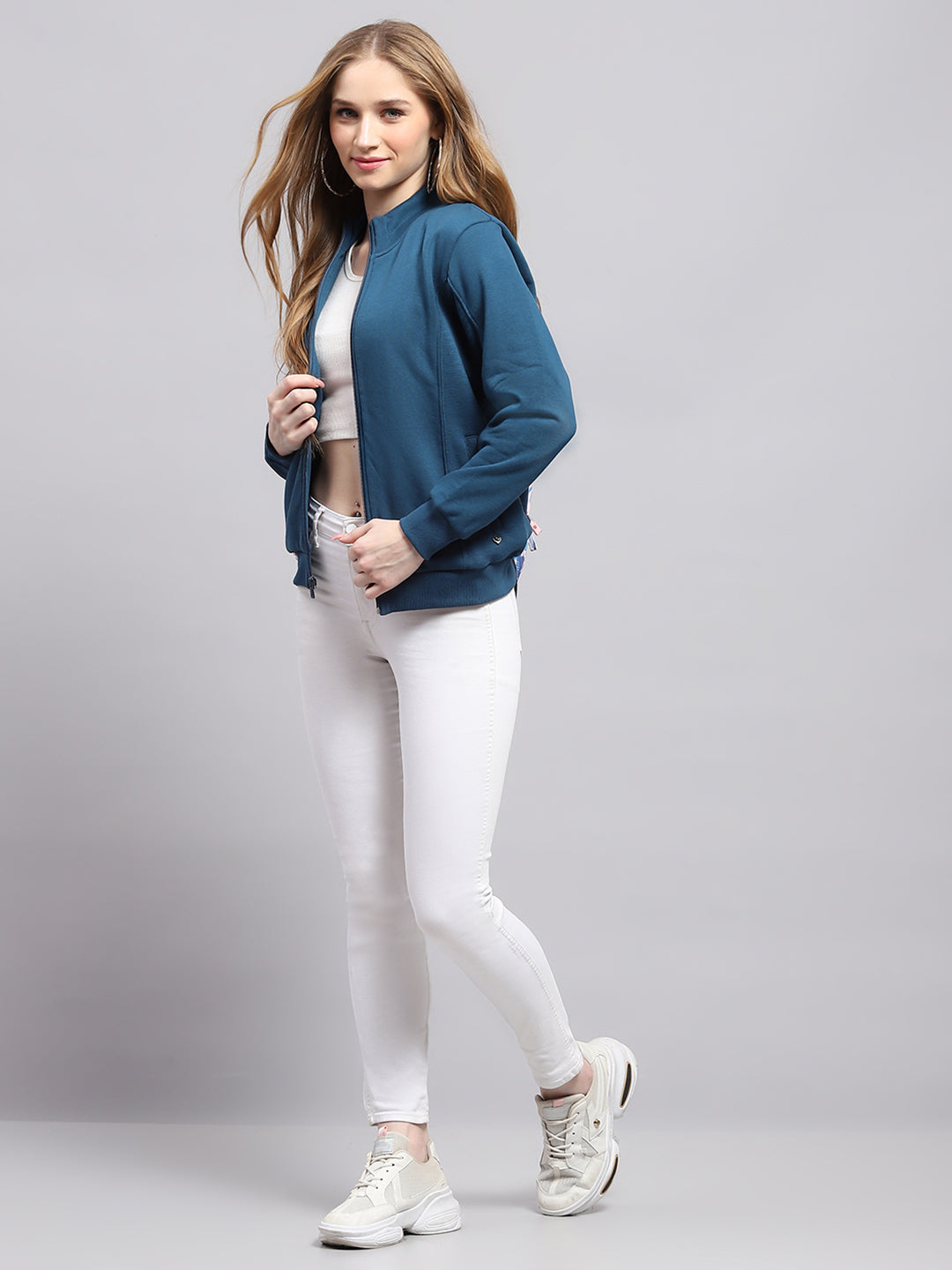 Women Blue Solid Mock Neck Full Sleeve Sweatshirt