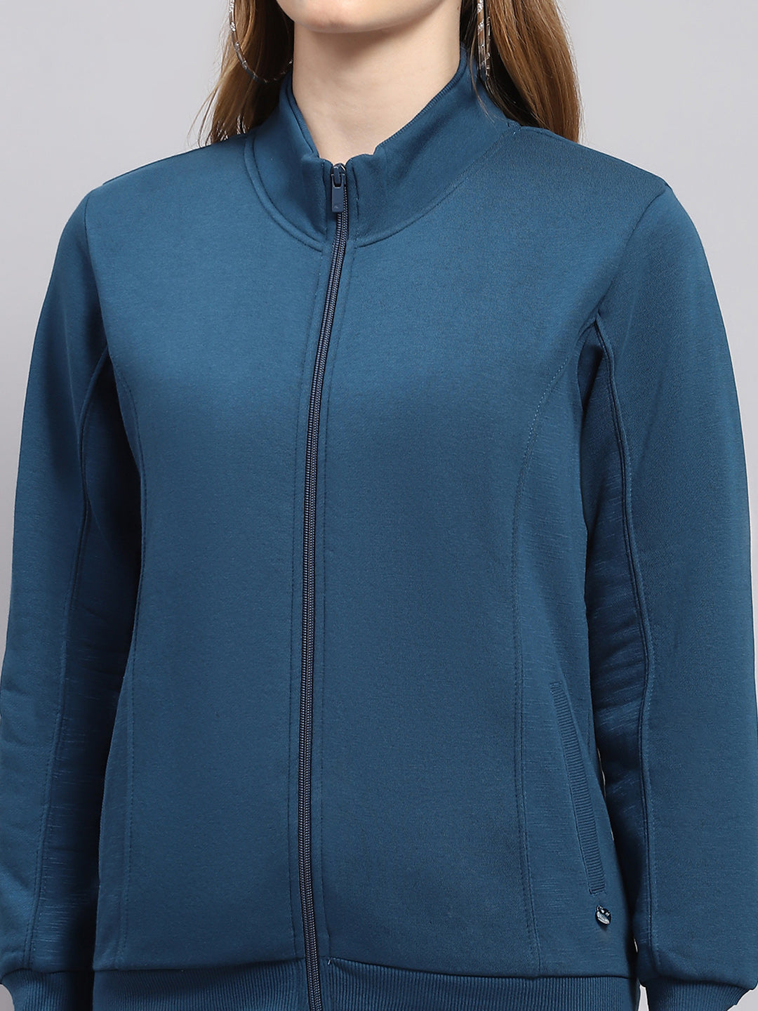 Women Blue Solid Mock Neck Full Sleeve Sweatshirt