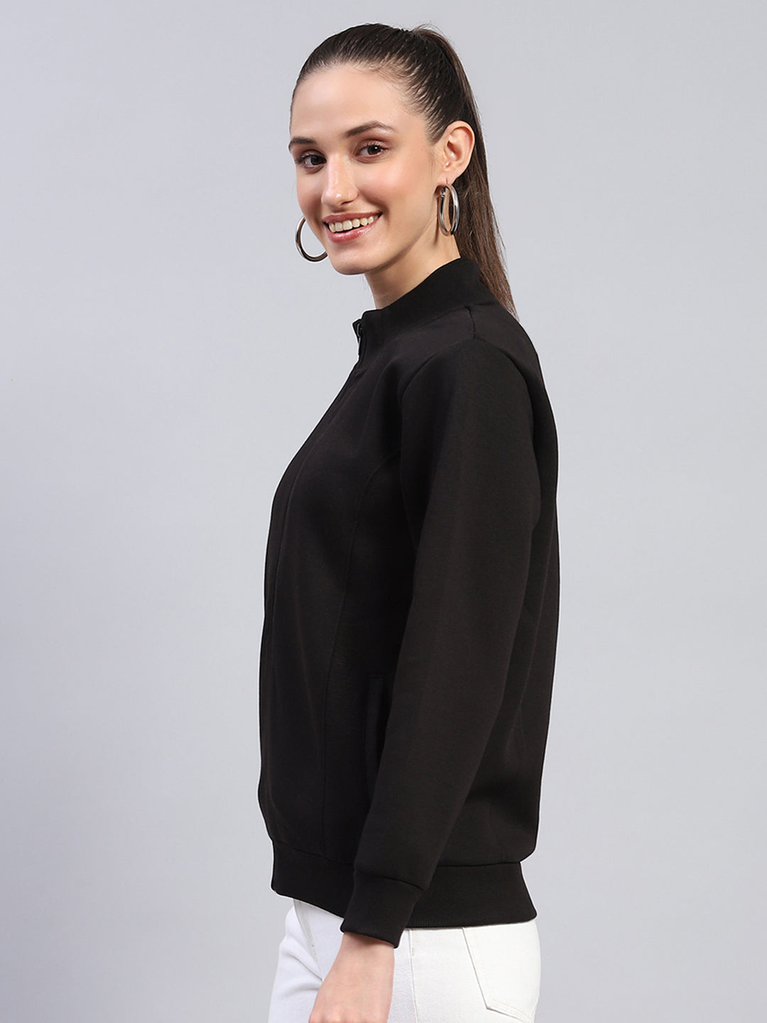 Women Black Solid Mock Neck Full Sleeve Sweatshirt