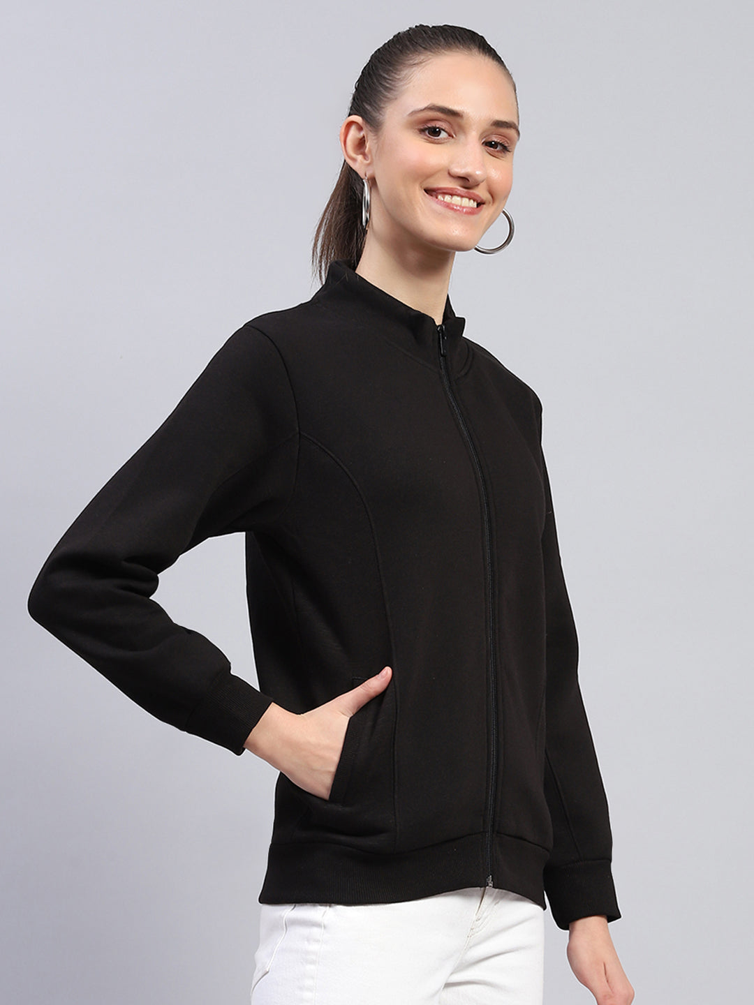 Women Black Solid Mock Neck Full Sleeve Sweatshirt