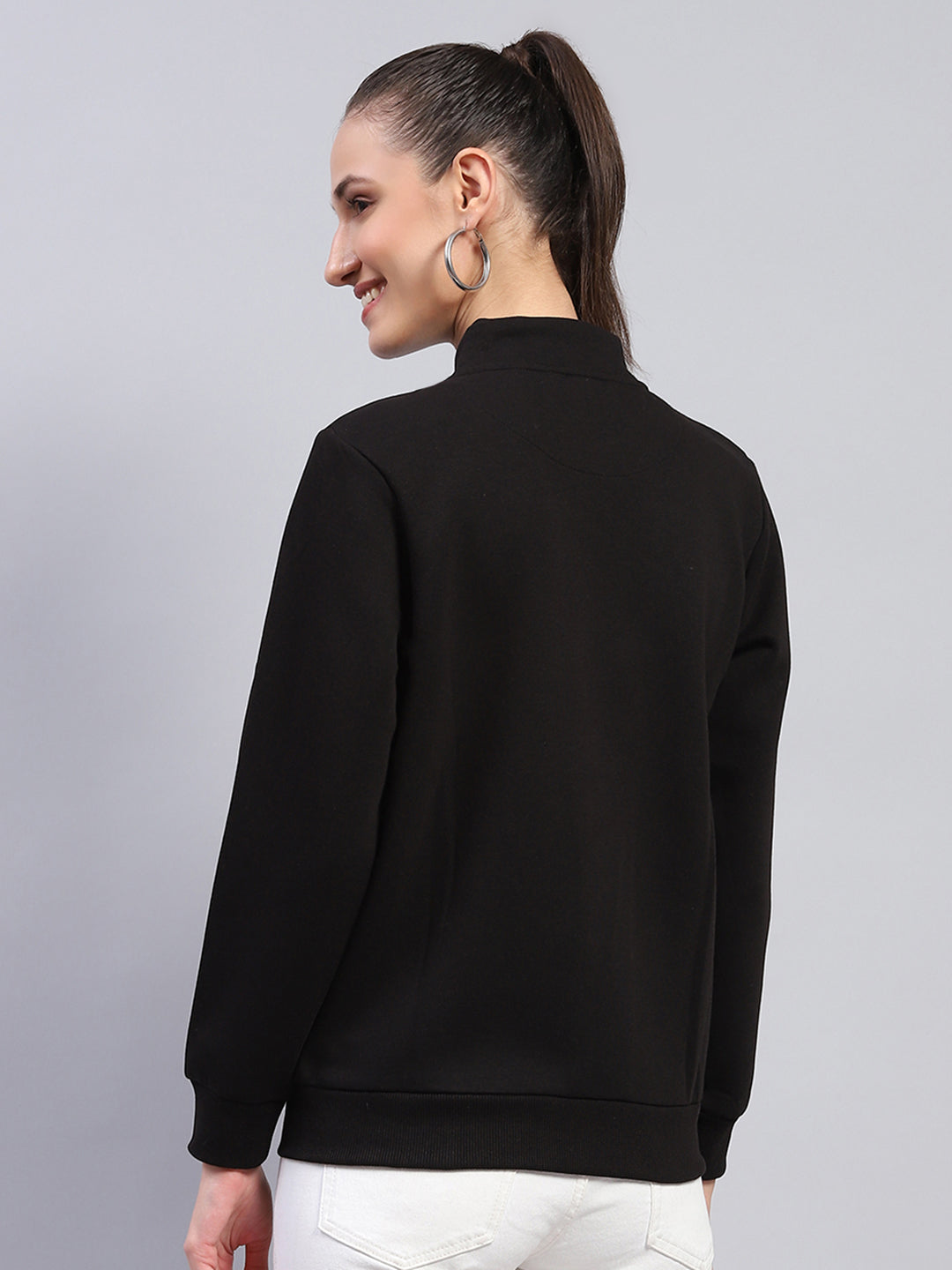 Women Black Solid Mock Neck Full Sleeve Sweatshirt