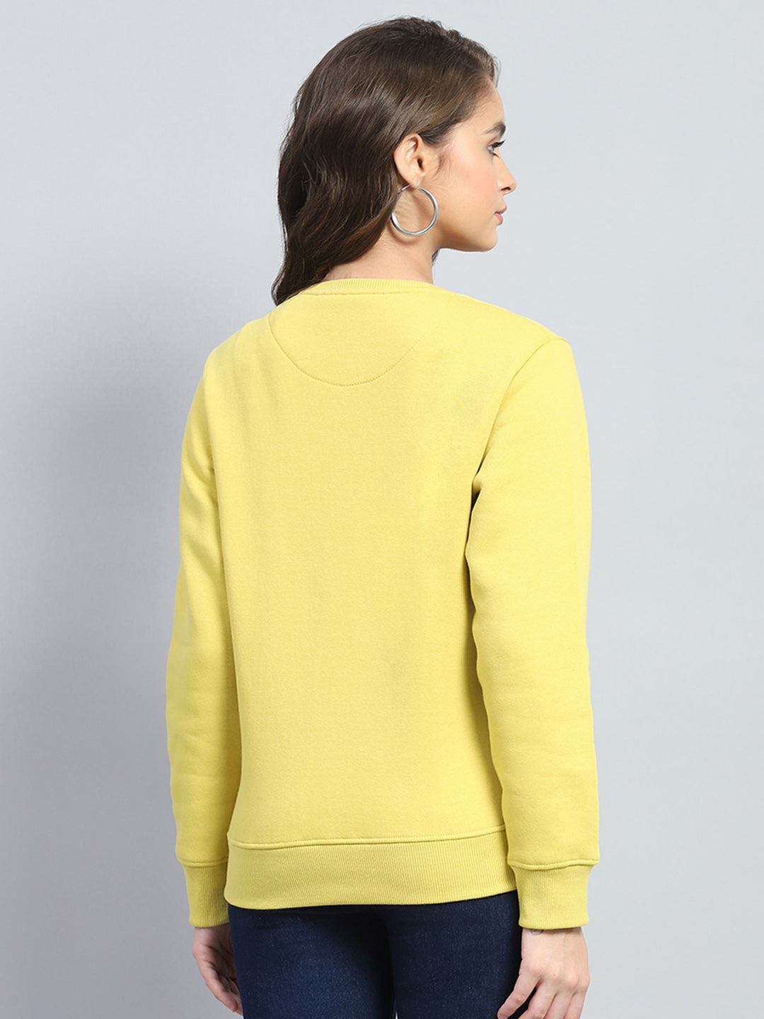 Women Yellow Printed Round Neck Full Sleeve Sweatshirt