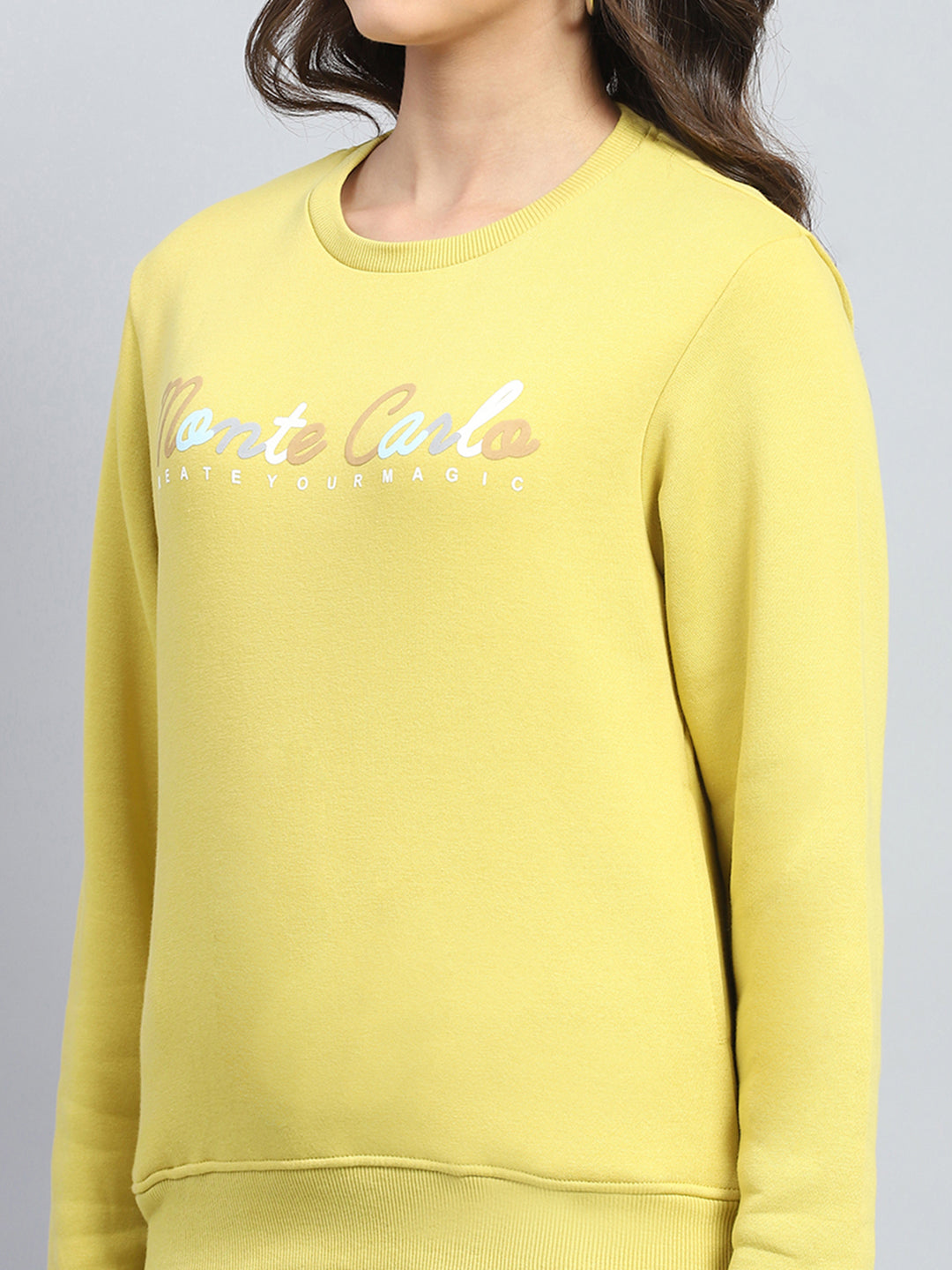 Women Yellow Printed Round Neck Full Sleeve Sweatshirt