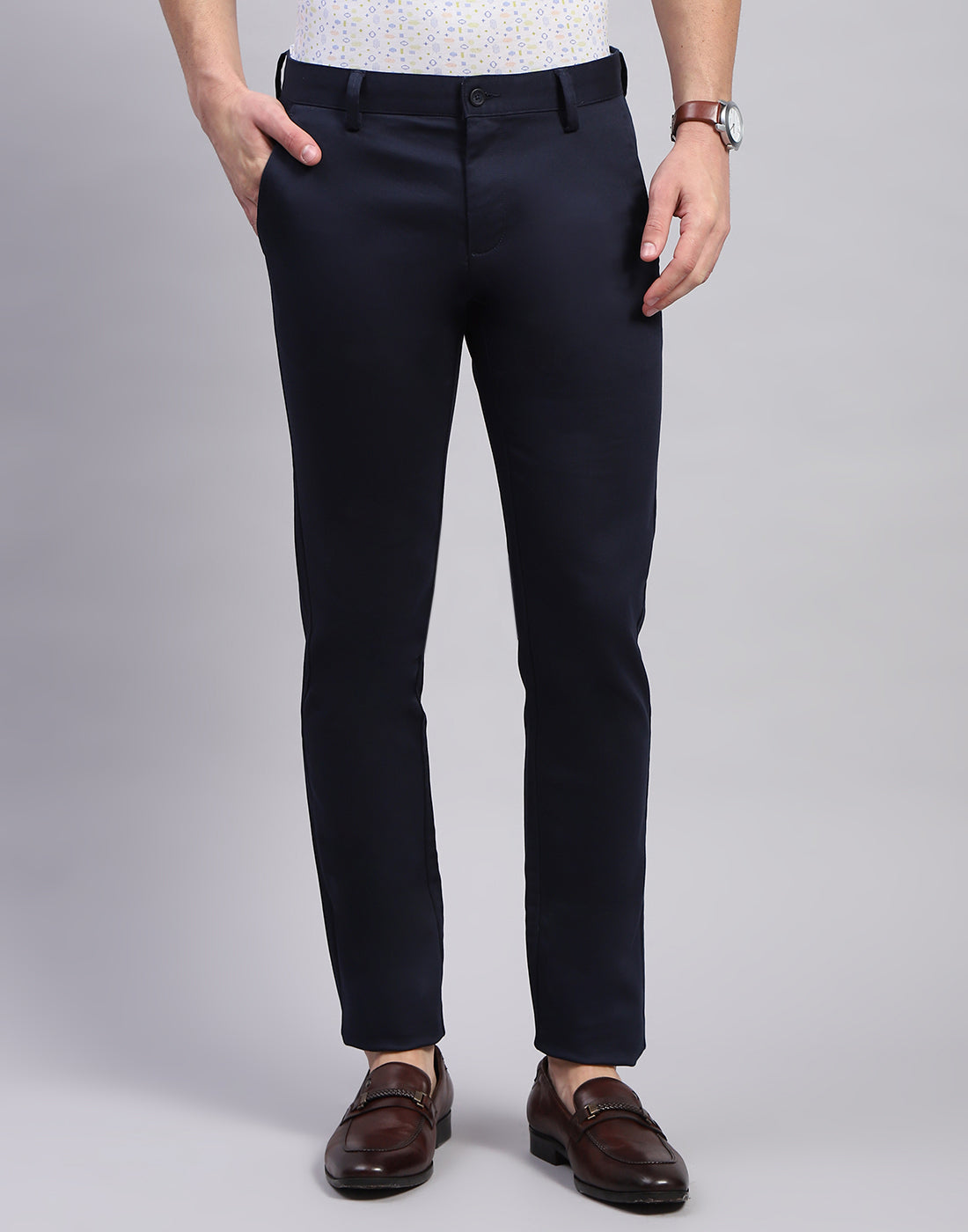 Men Navy Blue Solid Regular Fit Trouser