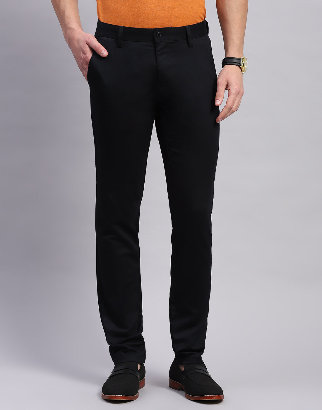 Men Black Solid Regular Fit Trouser