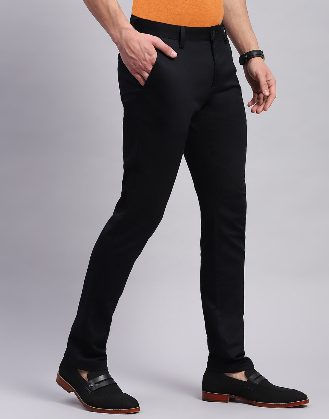 Men Black Solid Regular Fit Trouser