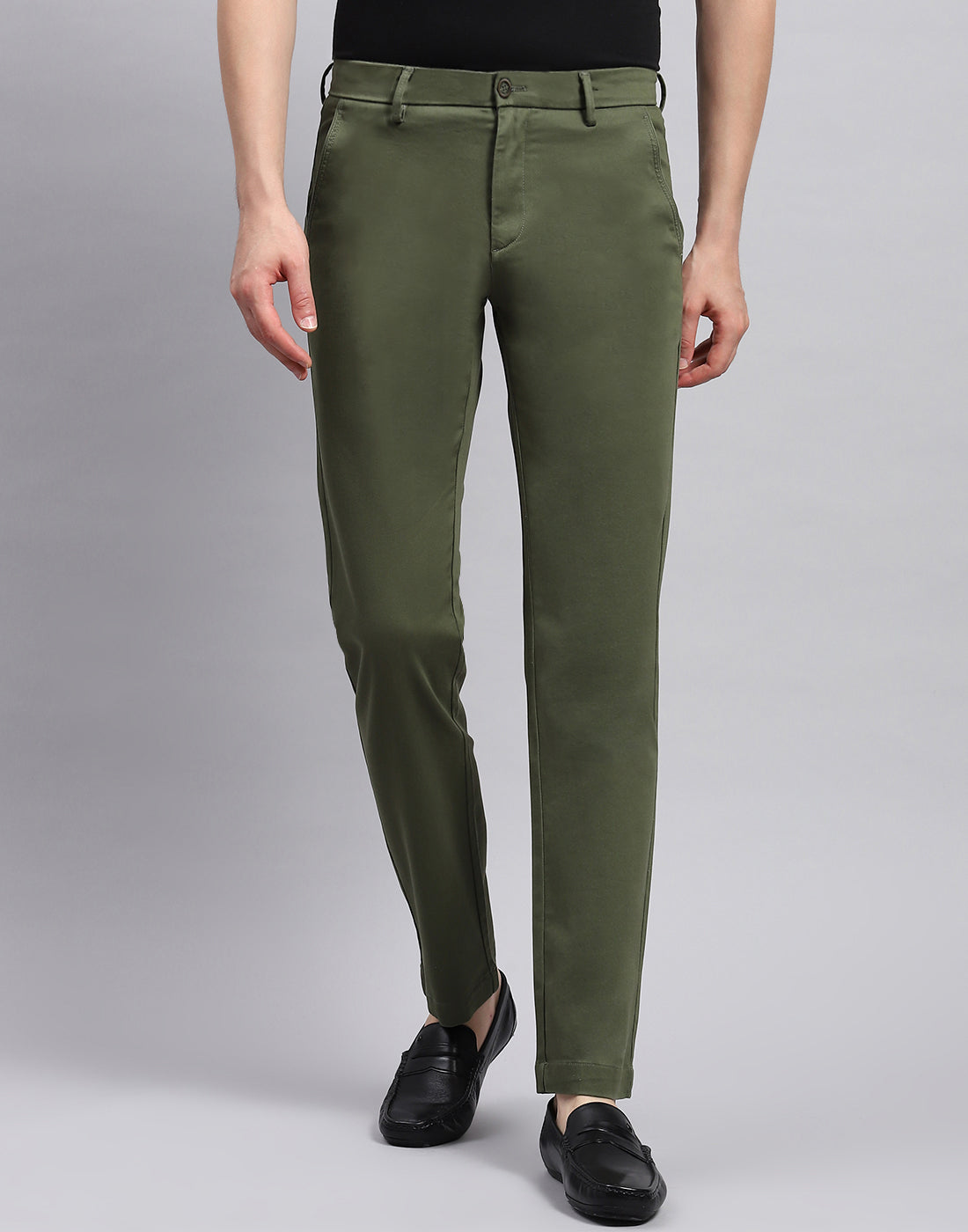 Men Olive Solid Regular Fit Trouser