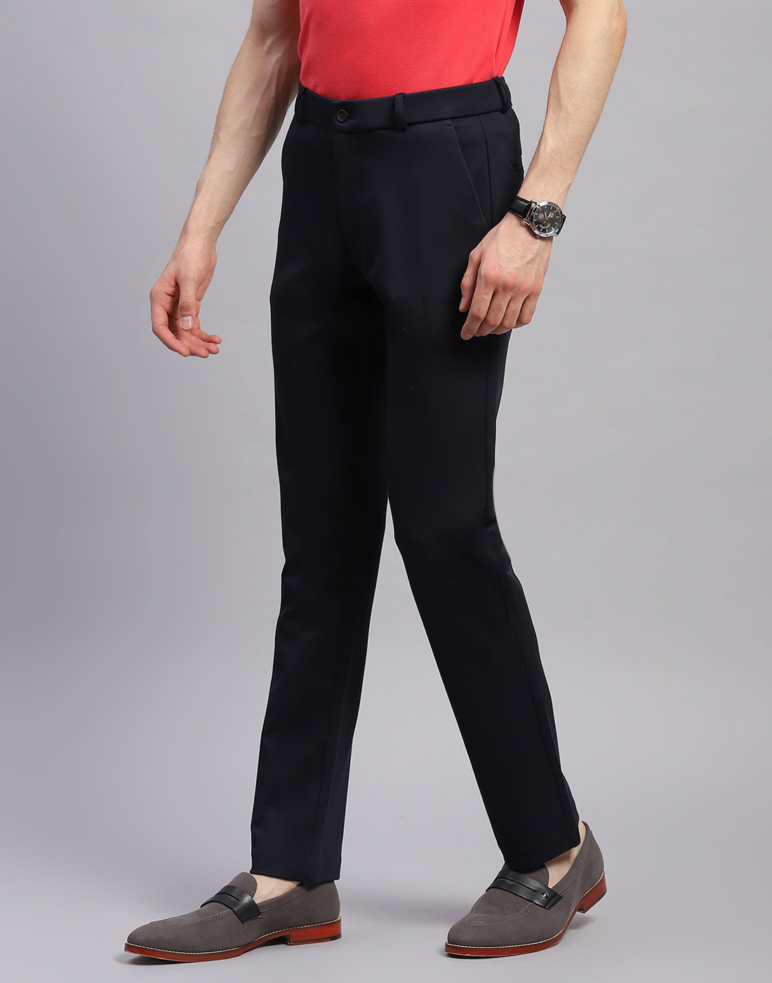 Men Navy Blue Solid Regular Fit Trouser