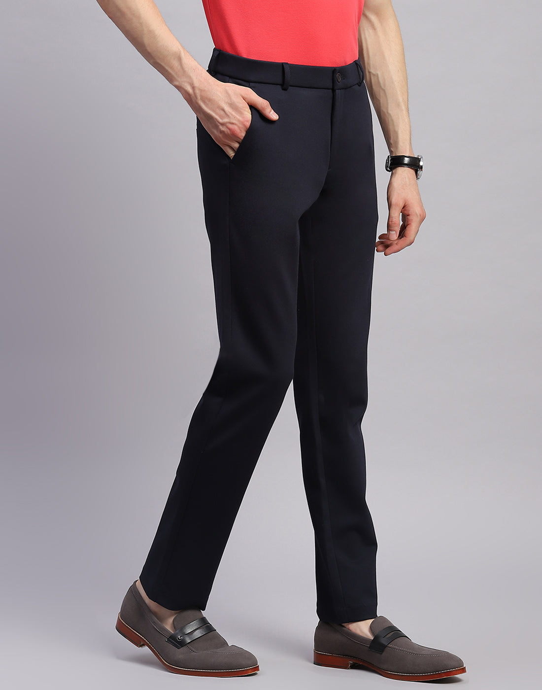 Men Navy Blue Solid Regular Fit Trouser