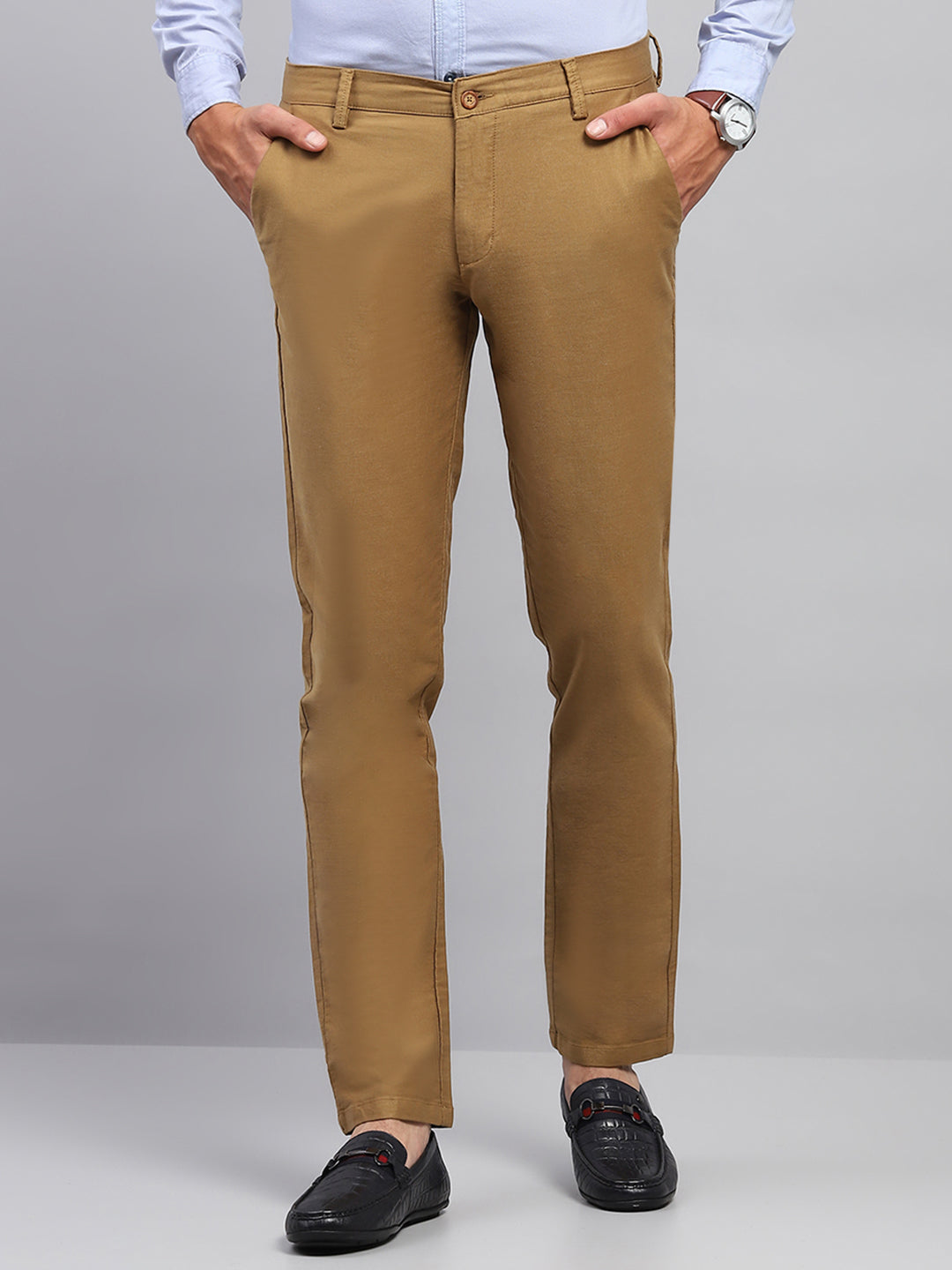 Men Khaki Solid Regular Fit Trouser