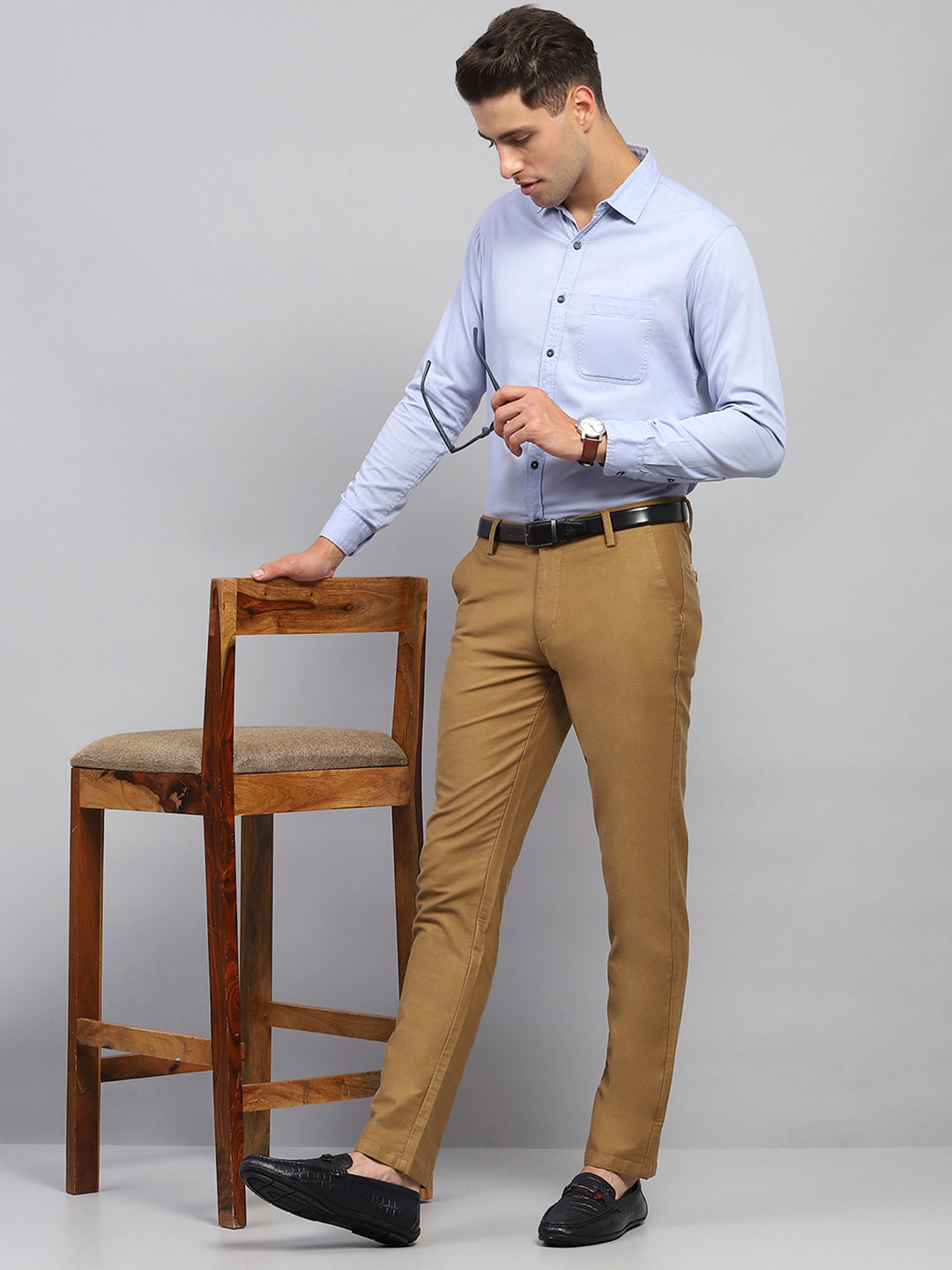 Men Khaki Solid Regular Fit Trouser
