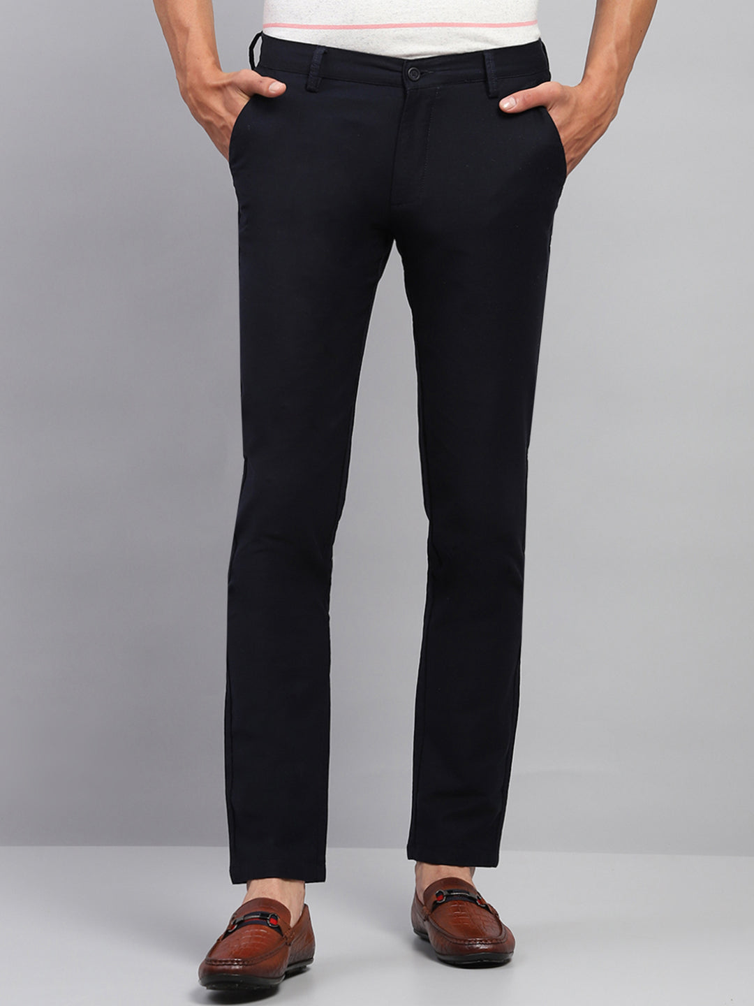 Men Navy Blue Solid Regular Fit Trouser