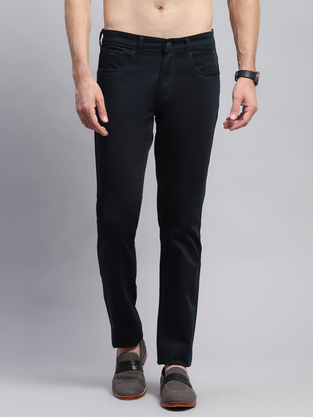 Men Navy Blue Solid Regular Fit Trouser