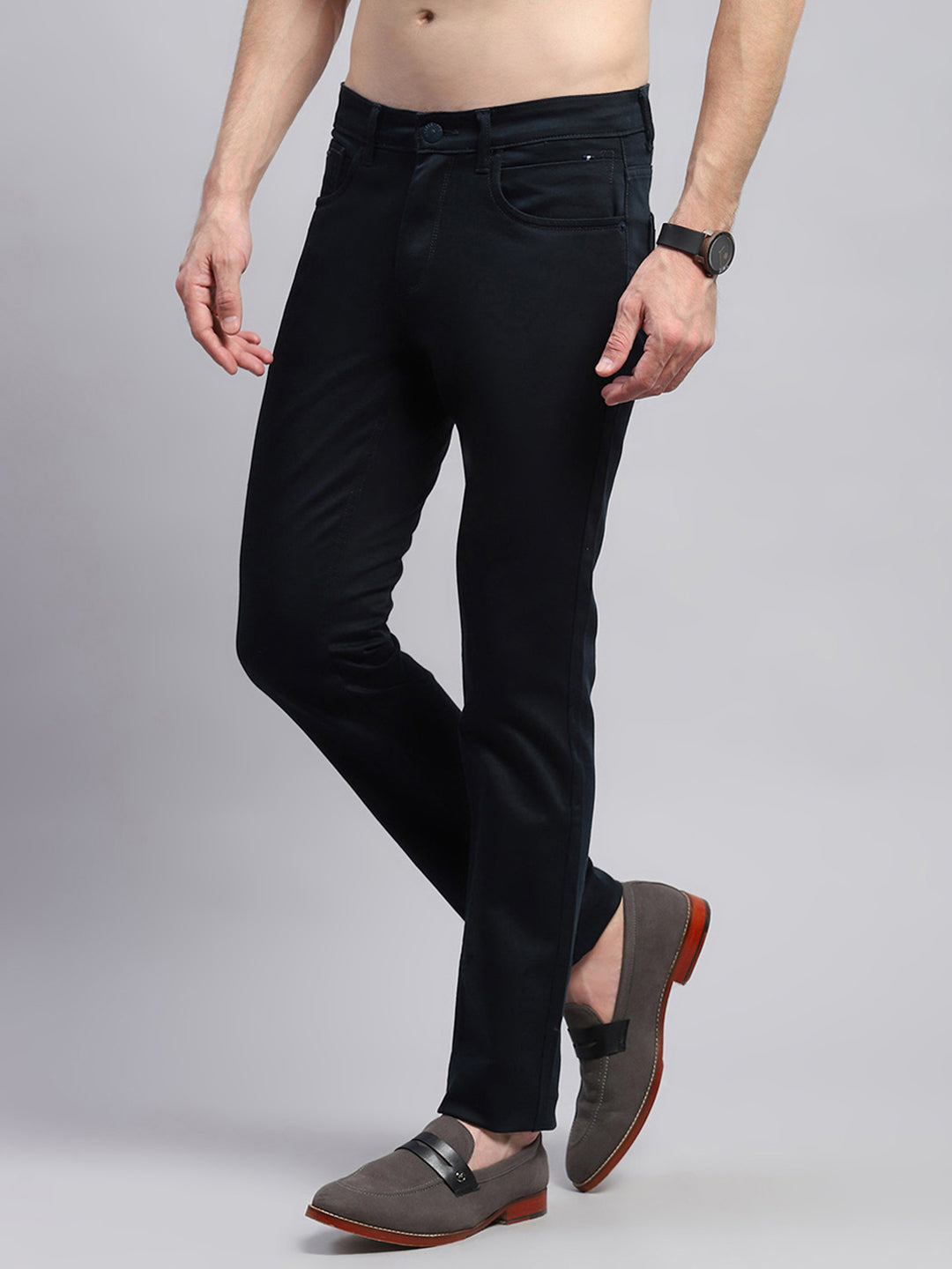 Men Navy Blue Solid Regular Fit Trouser