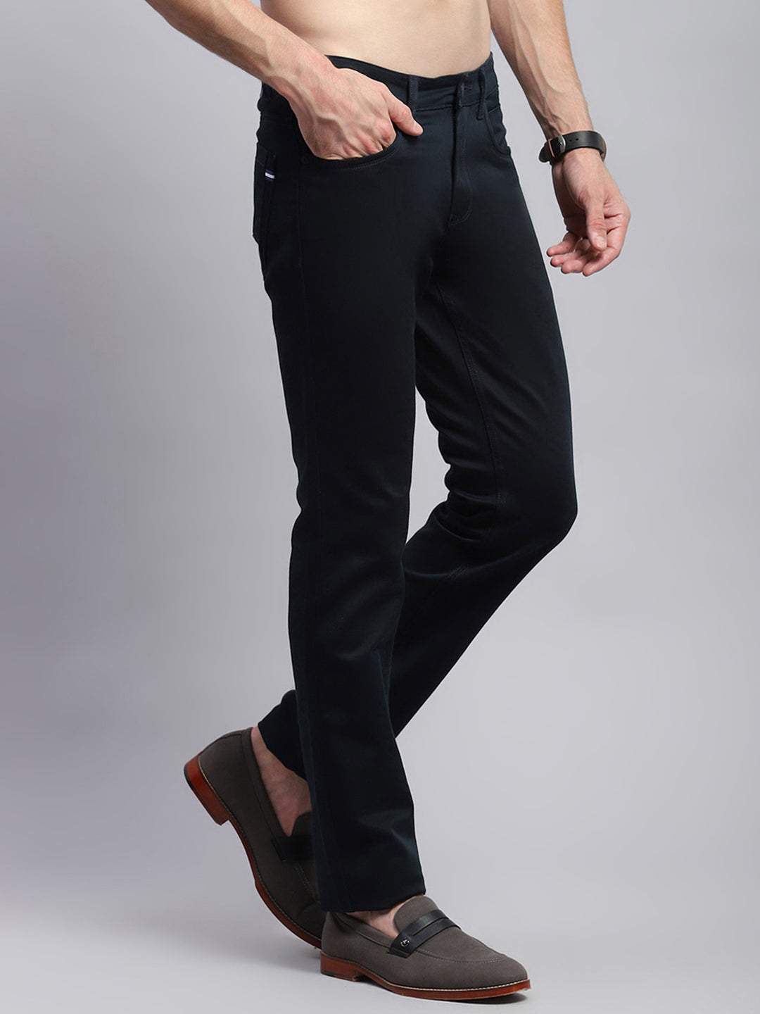 Men Navy Blue Solid Regular Fit Trouser