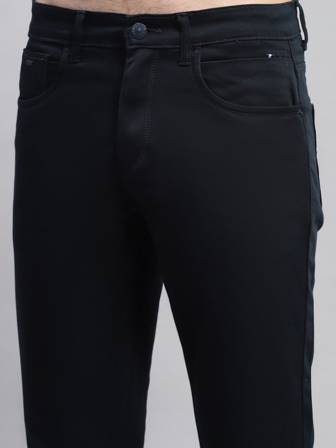 Men Navy Blue Solid Regular Fit Trouser