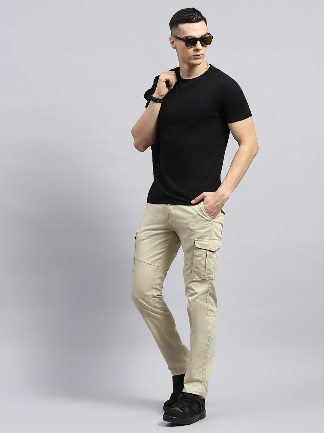 Men Beige Solid Cargo