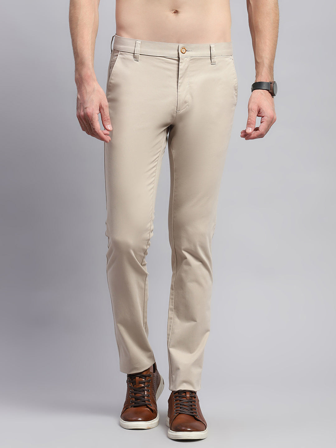 Men Beige Solid Regular Fit Trouser