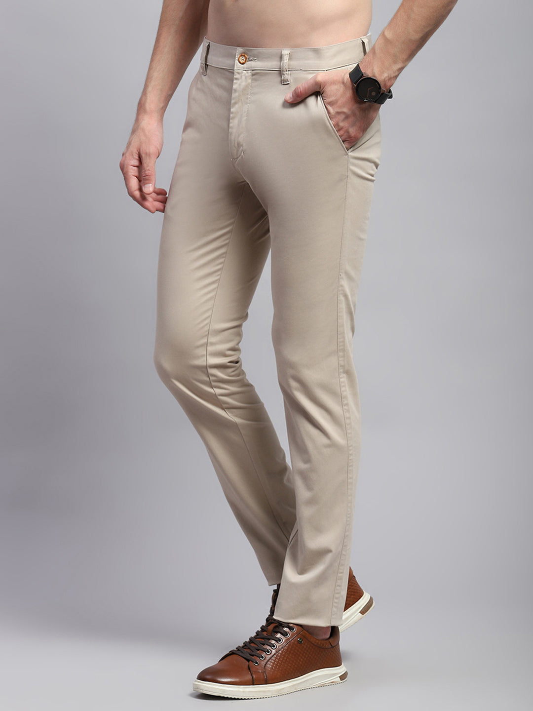 Men Beige Solid Regular Fit Trouser