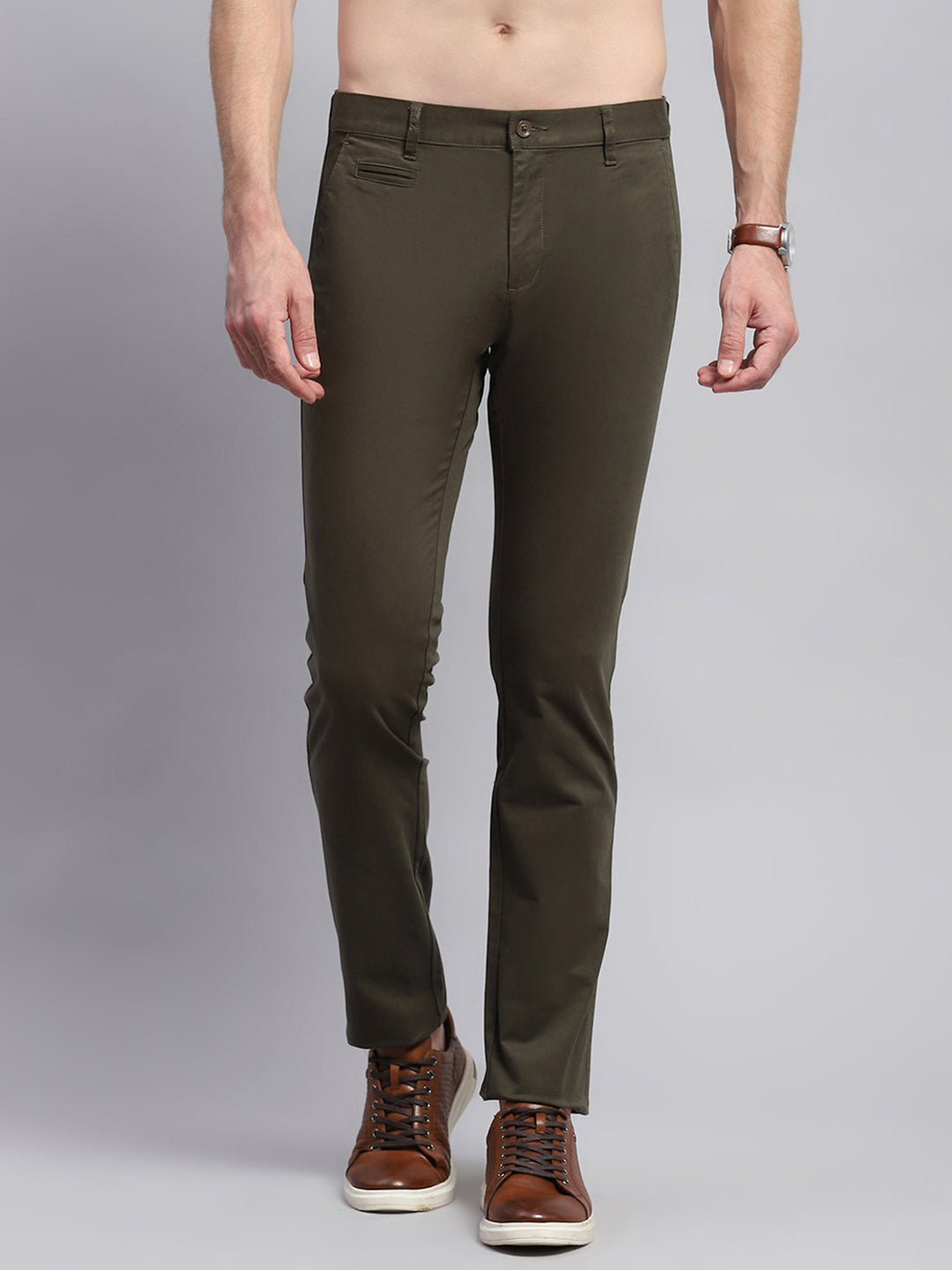 Men Olive Solid Regular Fit Trouser