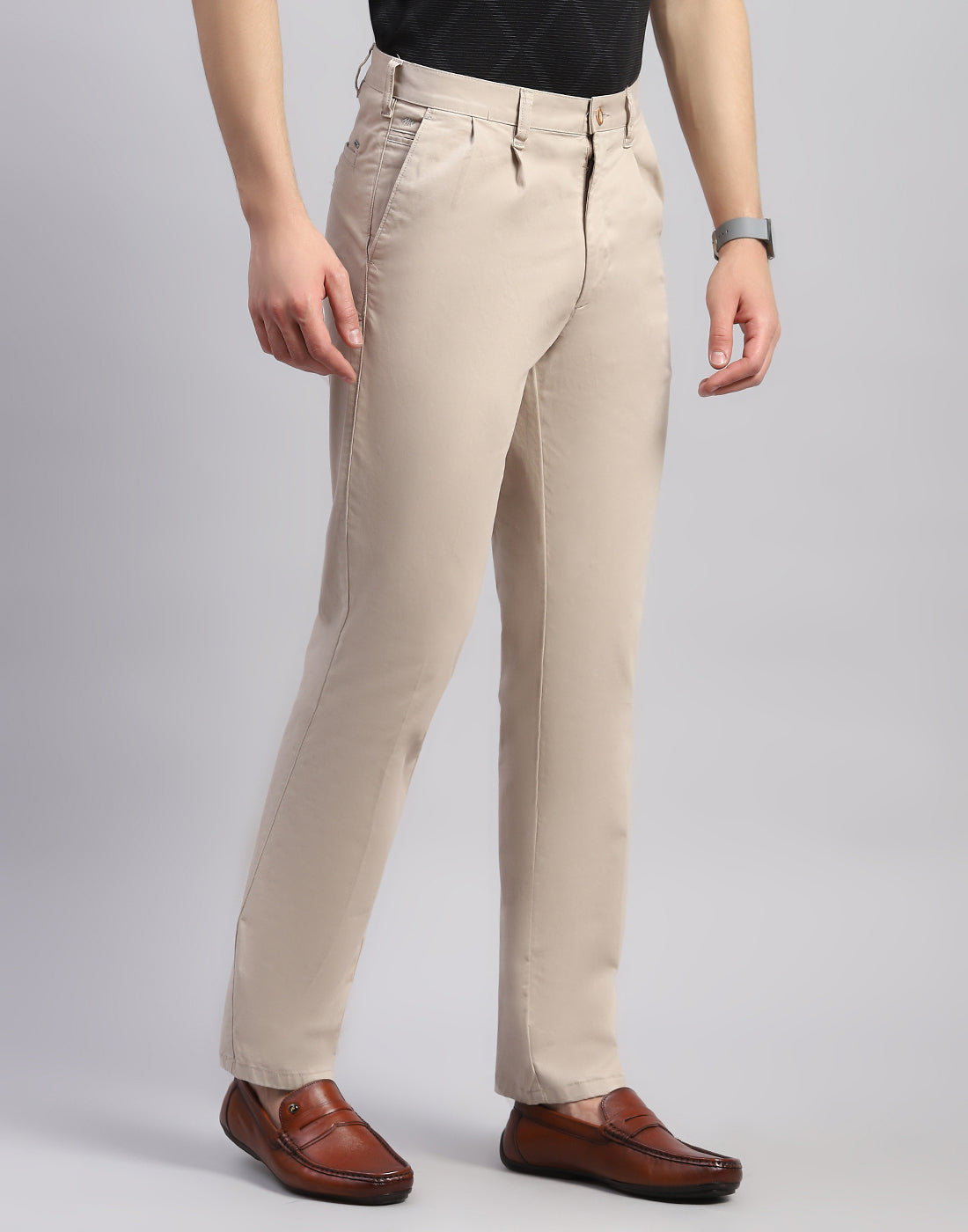 Men Khaki Solid Regular Fit Trouser